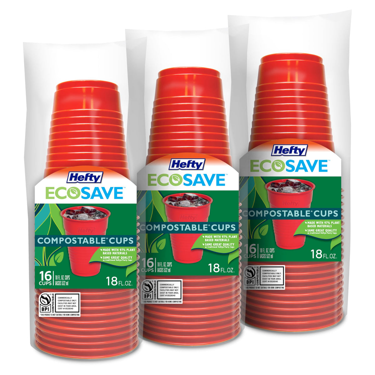 EcoSave Compostable Party Cups, 18 oz, 16 Count (Pack of 3), 48 Total