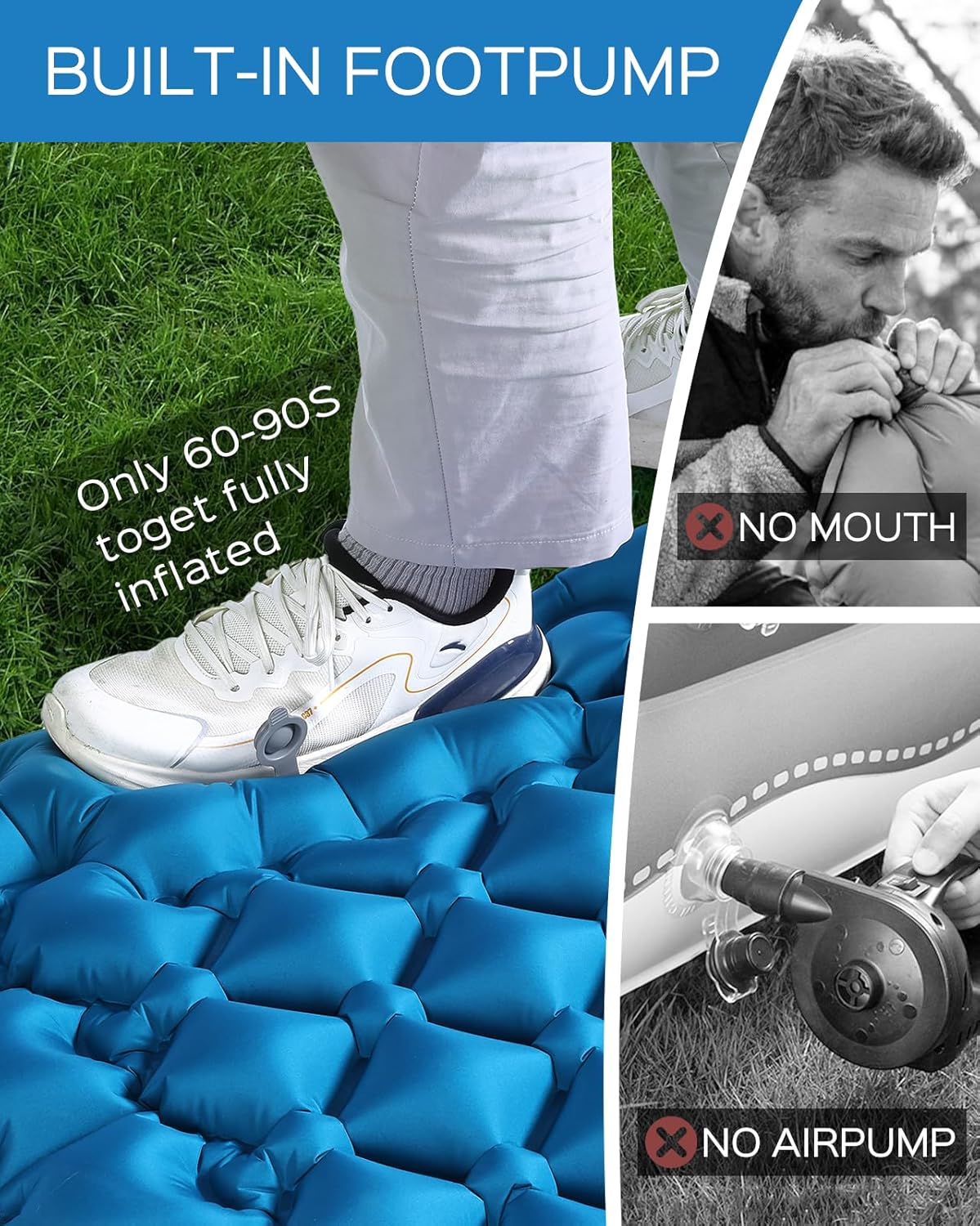 Sleeping Pad, 3.9" Thick Inflatable Mattress with Pillow & Pump | Built-in Pump, Quick Inflate, 40D Nylon, Button