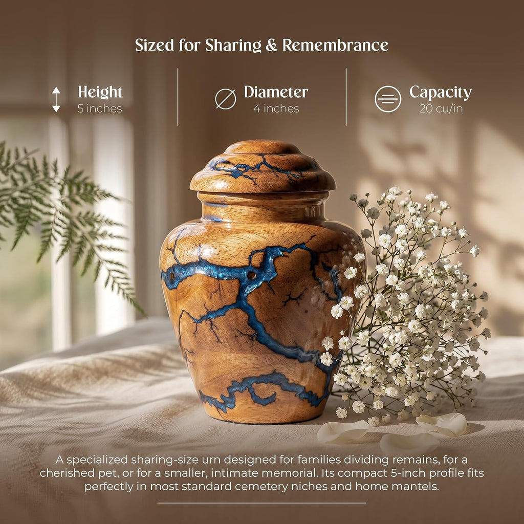 Small Keepsake Urn for Human Ashes Adult - Handcrafted Wooden Mini Urn (20 Cubic Inches) - Blue Decorative Memorial