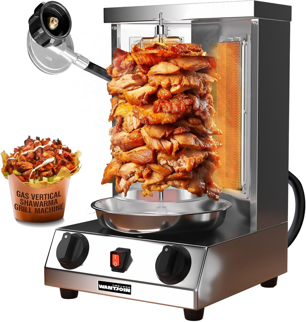 Shawarma Grill Machine - Gas Vertical Rotisserie with 2 Burners and Drip Pan for Home Use, Stainless Steel Rotating
