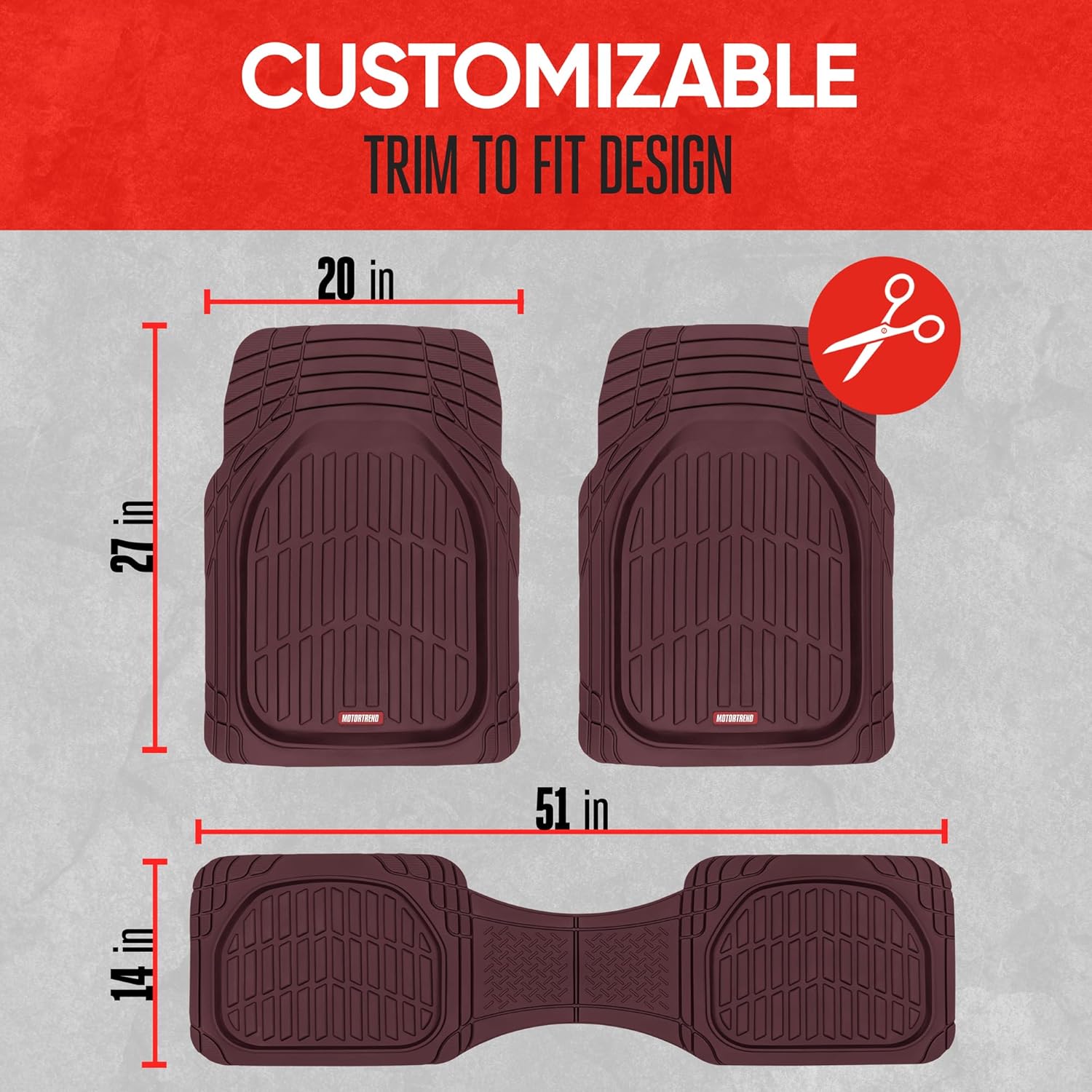 FlexTough Floor Mats for Cars, Burgundy Deep Dish All-Weather Car Mats, Waterproof Trim-To Fit Automotive Cars Trucks