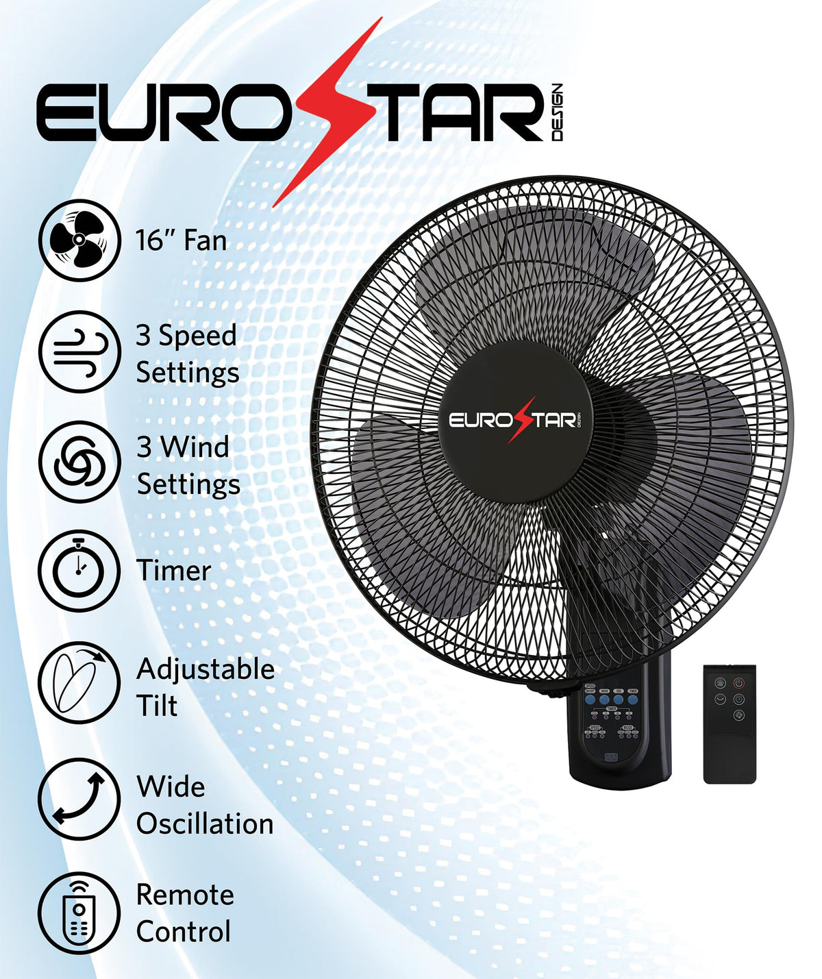 FWF16B 16" Wall Fan with Remote, Black
