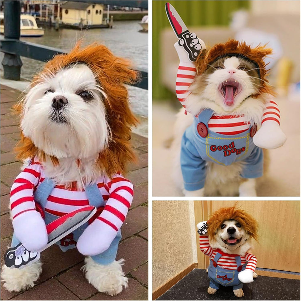 Dog Halloween Costume,Funny Chucky Dog Costume with Pet Wig,Cosplay Scary Outfit with Knife Clothes for Dogs (X-Large)