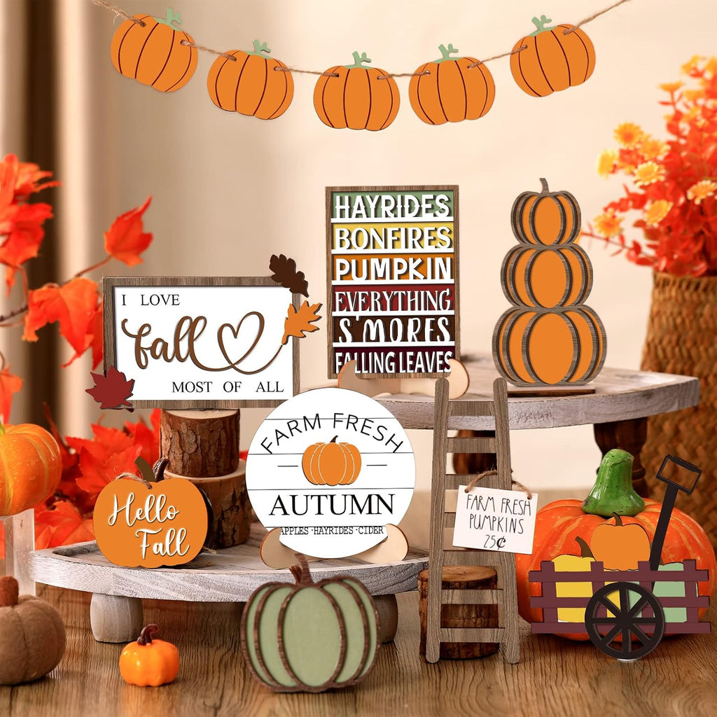 15 Pcs Fall Decorations for Home Fall Tiered Tray Decor Set,Harvest | Maple Leaves Pumpkin Wooden Signs, Thanksgiving