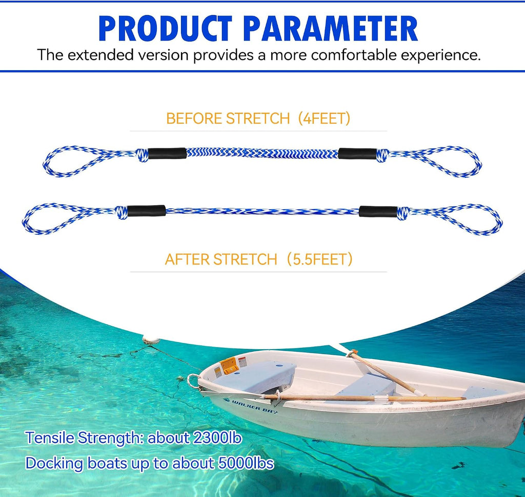 Bungee Dock Line with Loops – Lightweight Elastic Mooring Rope for Quick Docking (2, Blue & White, 4 FEET)