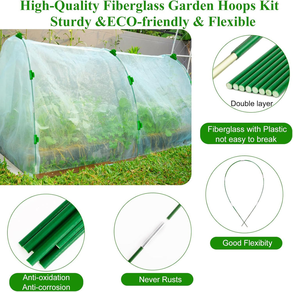Greenhouse Hoops Grow Tunnel 6 Sets of 8FT Long Garden Hoops, Rust-Free Fiberglass Garden Hoops Frame for Garden