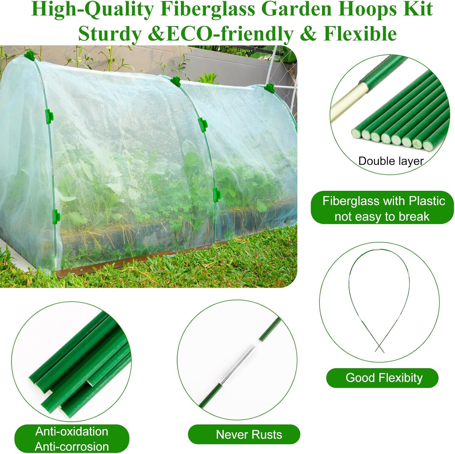 Greenhouse Hoops Grow Tunnel 6 Sets of 8FT Long Garden Hoops, Rust-Free Fiberglass Garden Hoops Frame for Garden