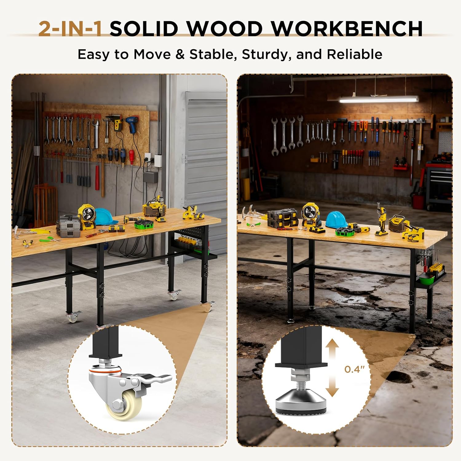 96" Adjustable Workbench with Side Pegboard, 2000lbs Heavy Duty Solid Wood Top Garage Work Table with Power Outlet