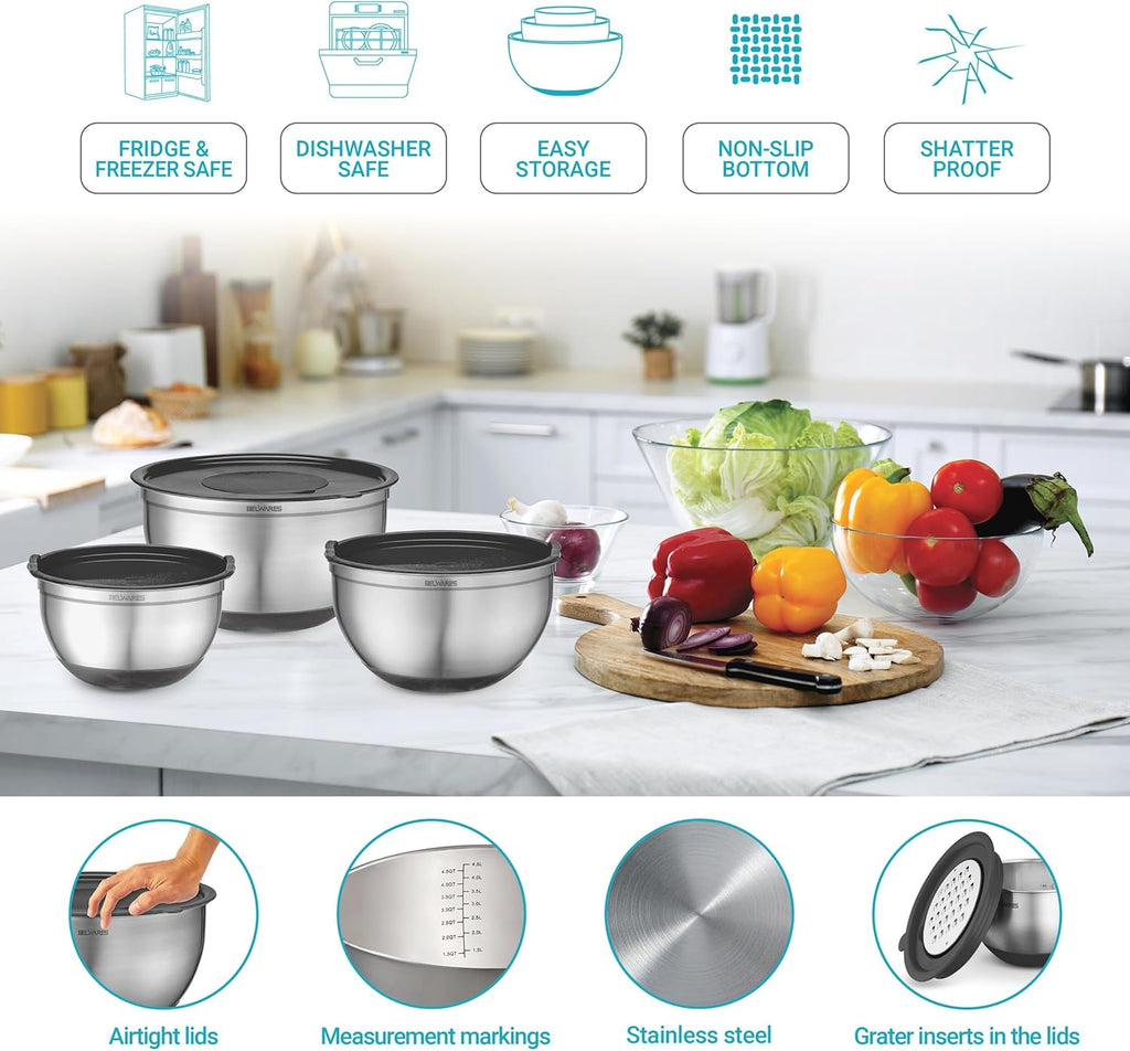 Mixing Bowls with Lids Set of 5 - Stainless Steel Mixing Bowl Set, Kitchen Nesting Metal Bowls with Non Slip Bottoms