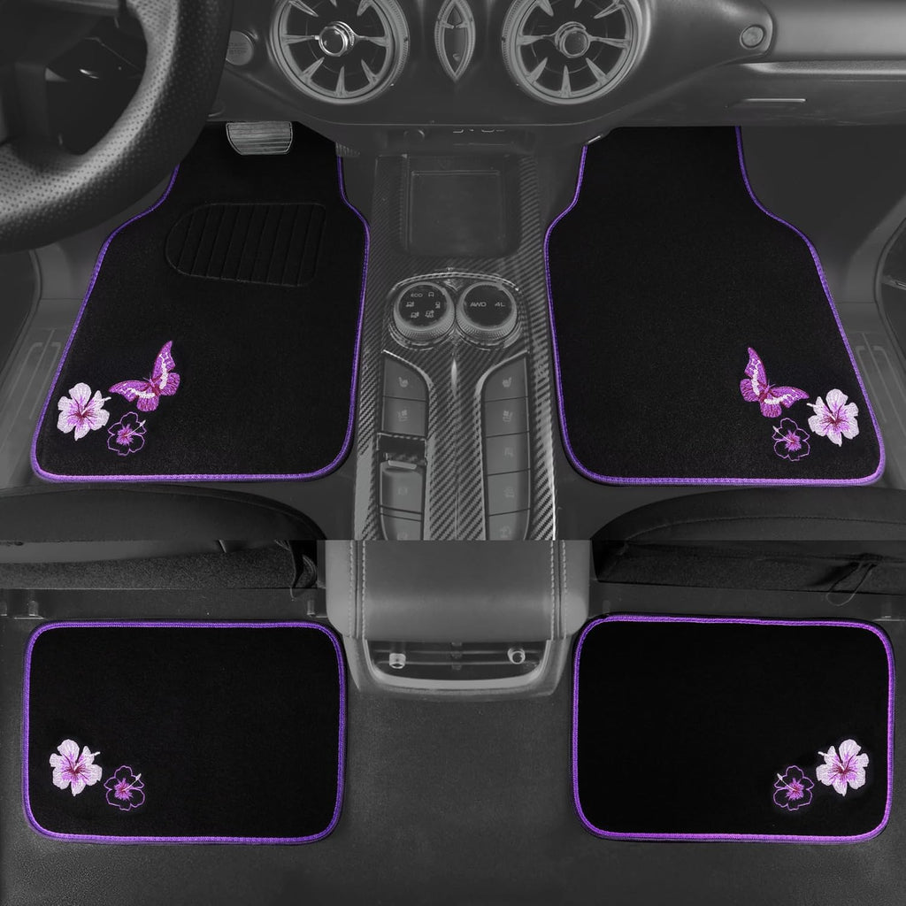 Embroidery Butterfly and Flower Car Floor Mats, Purple Car Floor Mats, Universal Fit 95%
