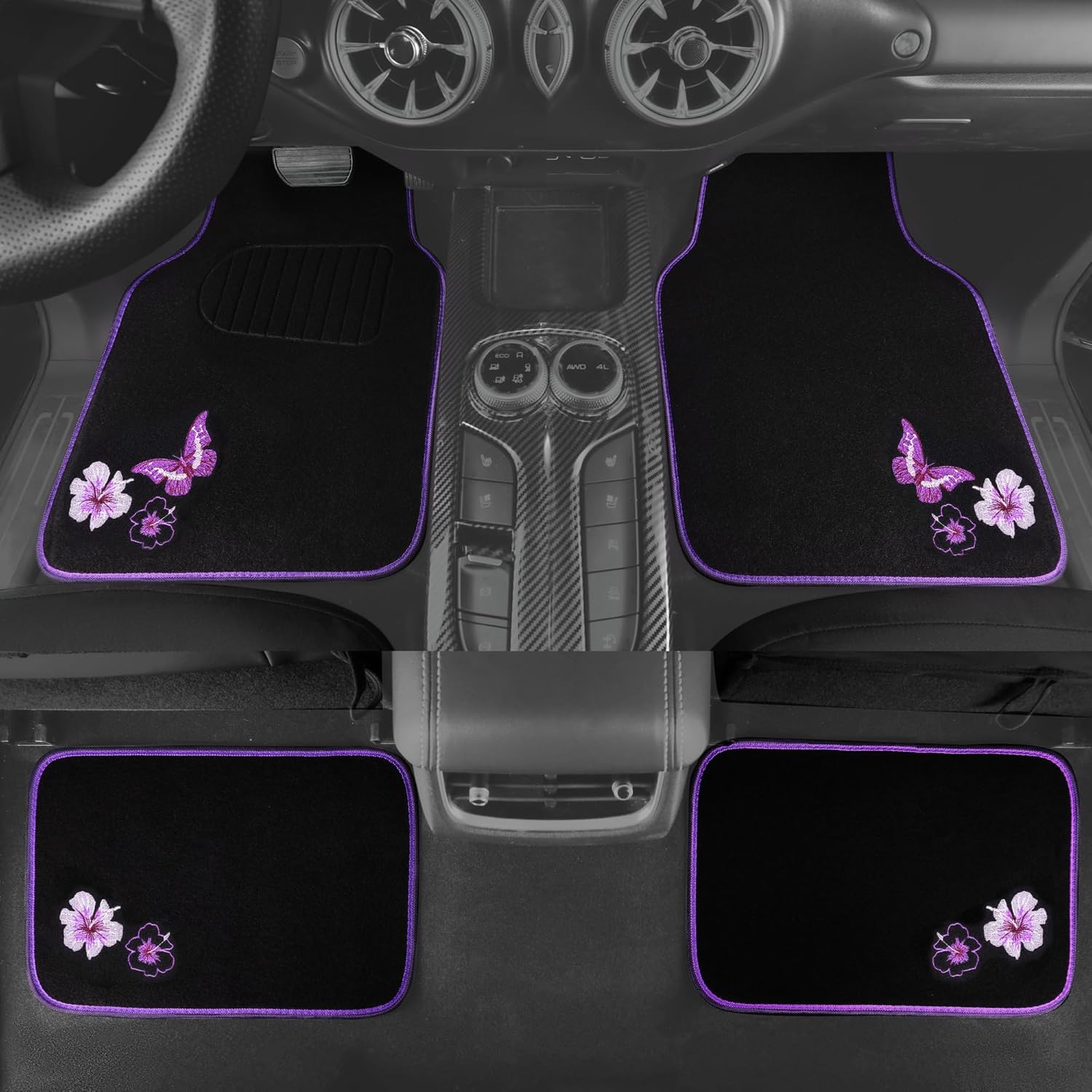 Embroidery Butterfly and Flower Car Floor Mats, Purple Car Floor Mats, Universal Fit 95%