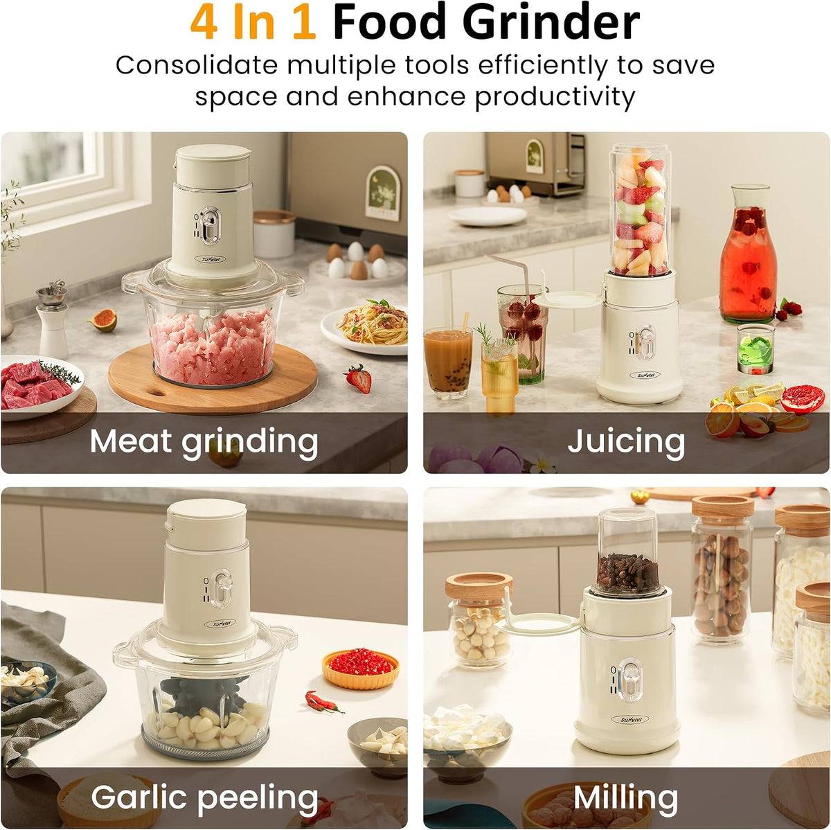 4-in-1 Electric Food Chopper & Small Food Processor, Meat Grinder, Garlic Peeler & Juicer, 2-Speed Mini Food