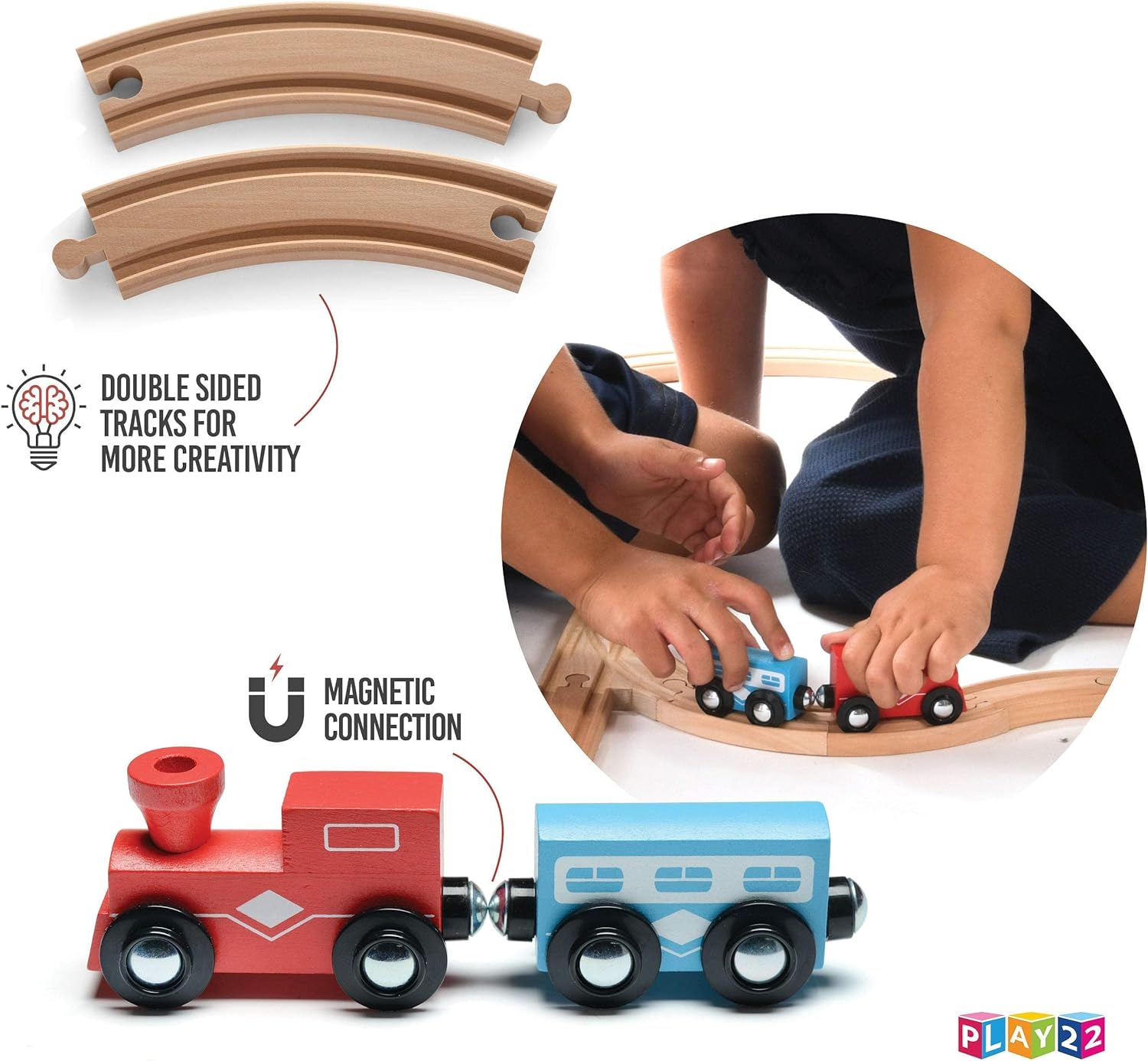 Wooden Train Tracks - 52 PCS Wooden Train Set + 2 Bonus Toy Trains - Train Sets For Kids - Car Train Toys Is