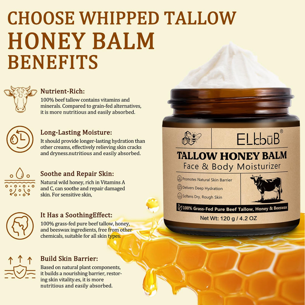 Whipped Tallow Cream for Face & Body - 100% Grass-Fed Beef Tallow, Natural Honey & Beeswax Moisturizer, Deep