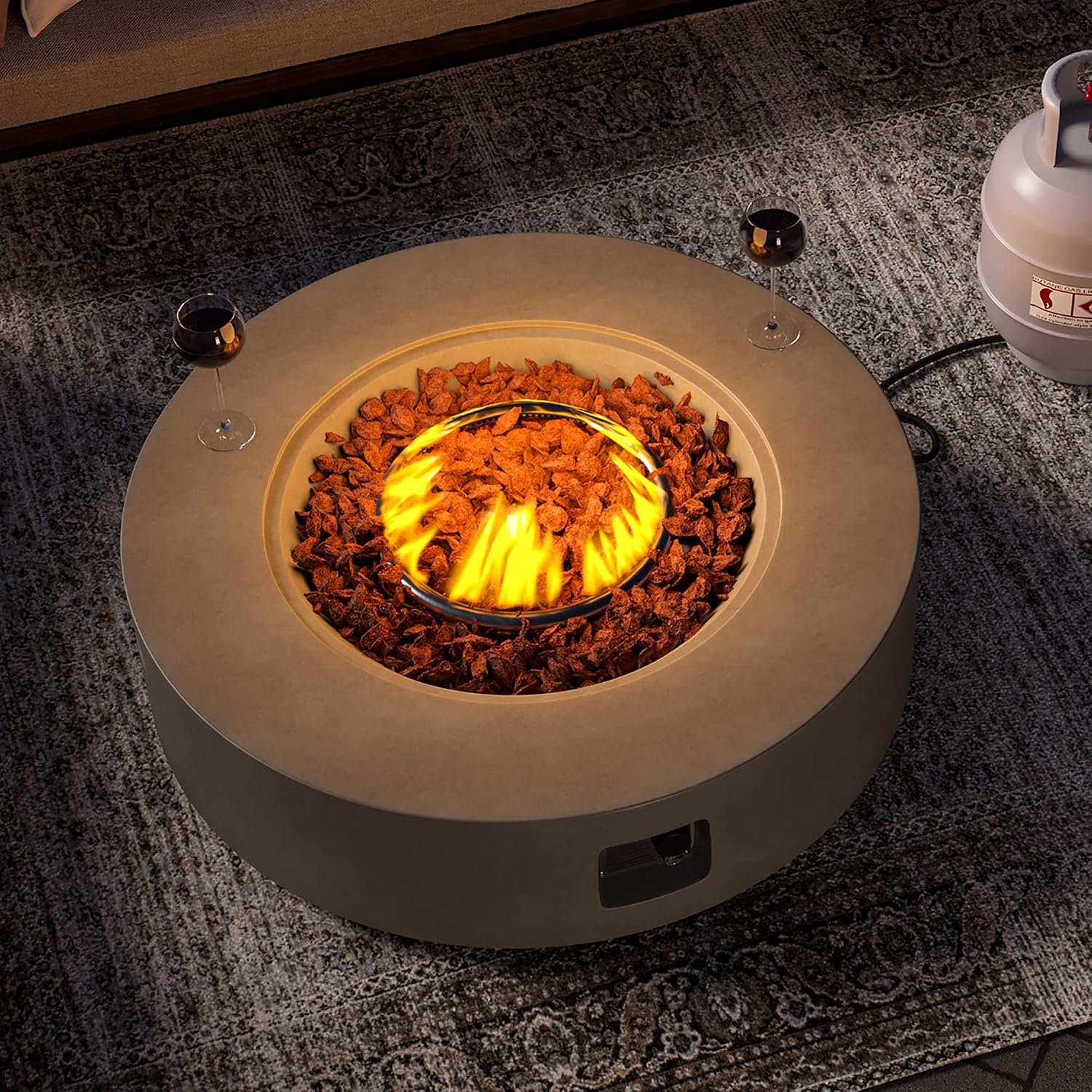 Outdoor 42" Propane Fire Pit Table, 50000 BTU Gray Patio Fire Table, Concrete Round Gas Fire Table w Lava Rocks