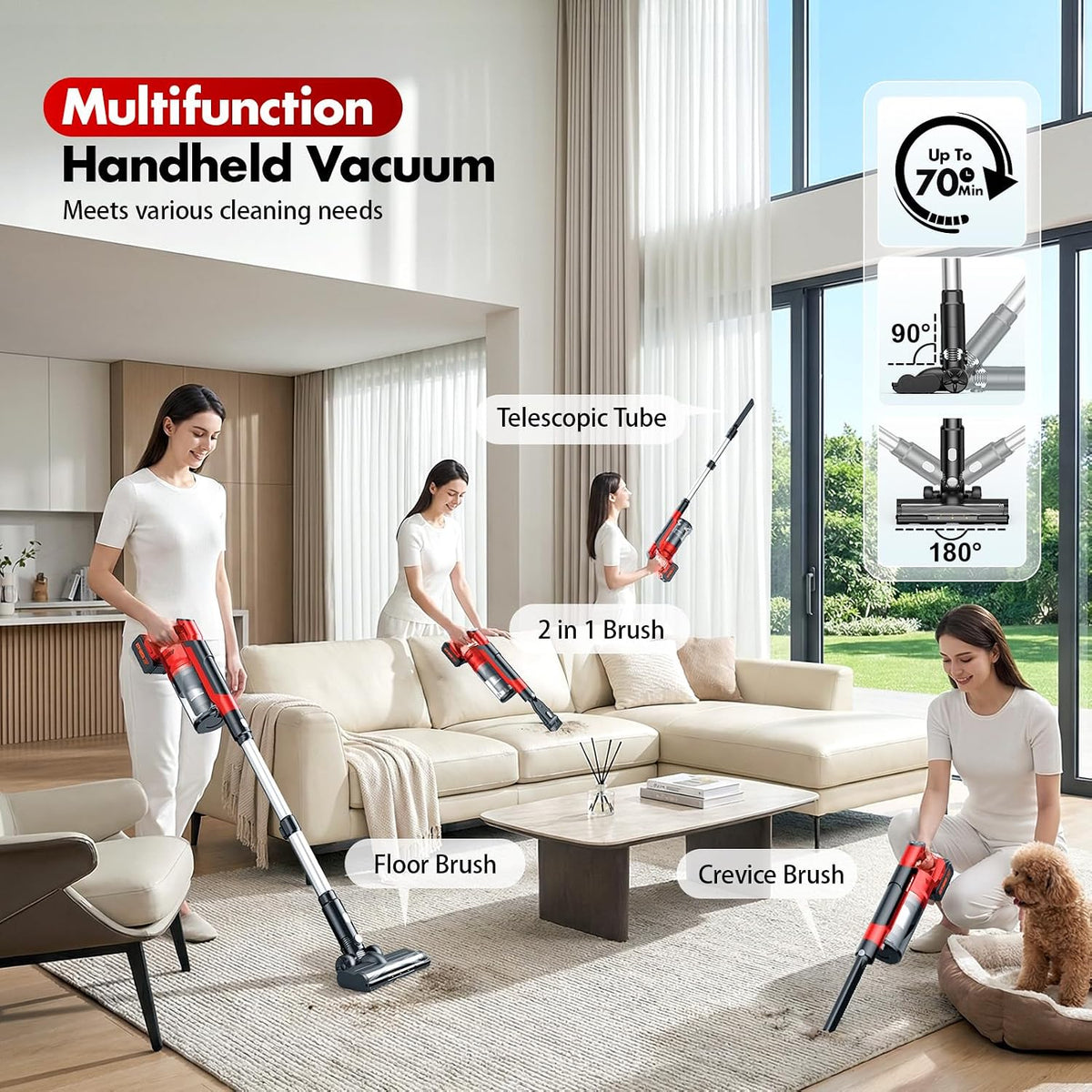 Cordless Vacuum Cleaners for Home with 2*Battery 8000mAh, Brushless Rechargeable Stick Vacuum with 3 Mode, 6 In 1