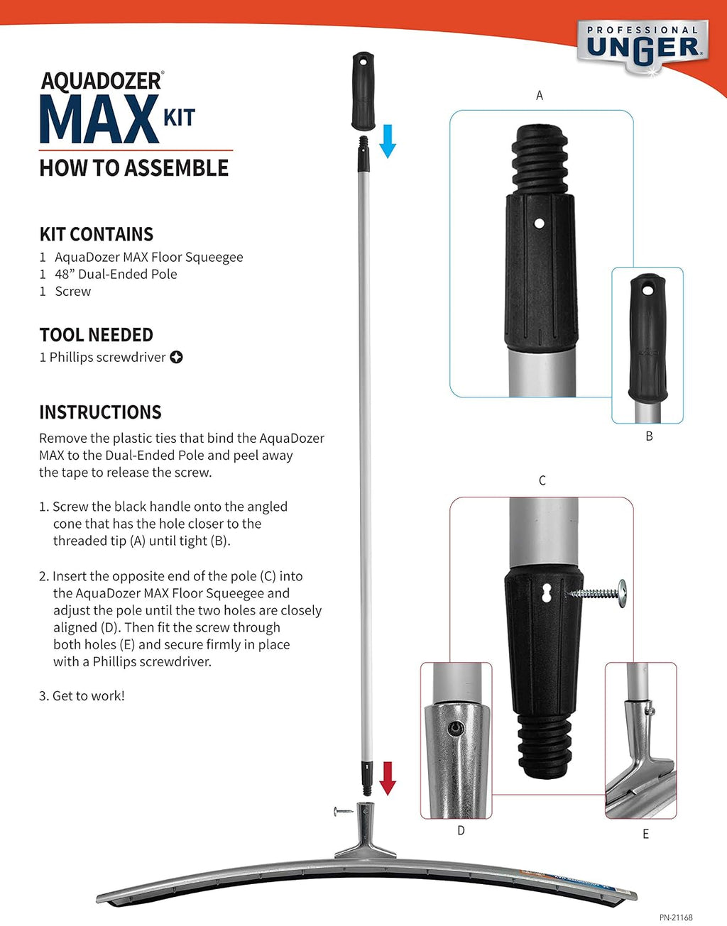 Professional AquaDozer Max Kit, 36” Smooth Surface Curved Floor Squeegee and 48” Dual End Pole, Rubber Blade Scrubber