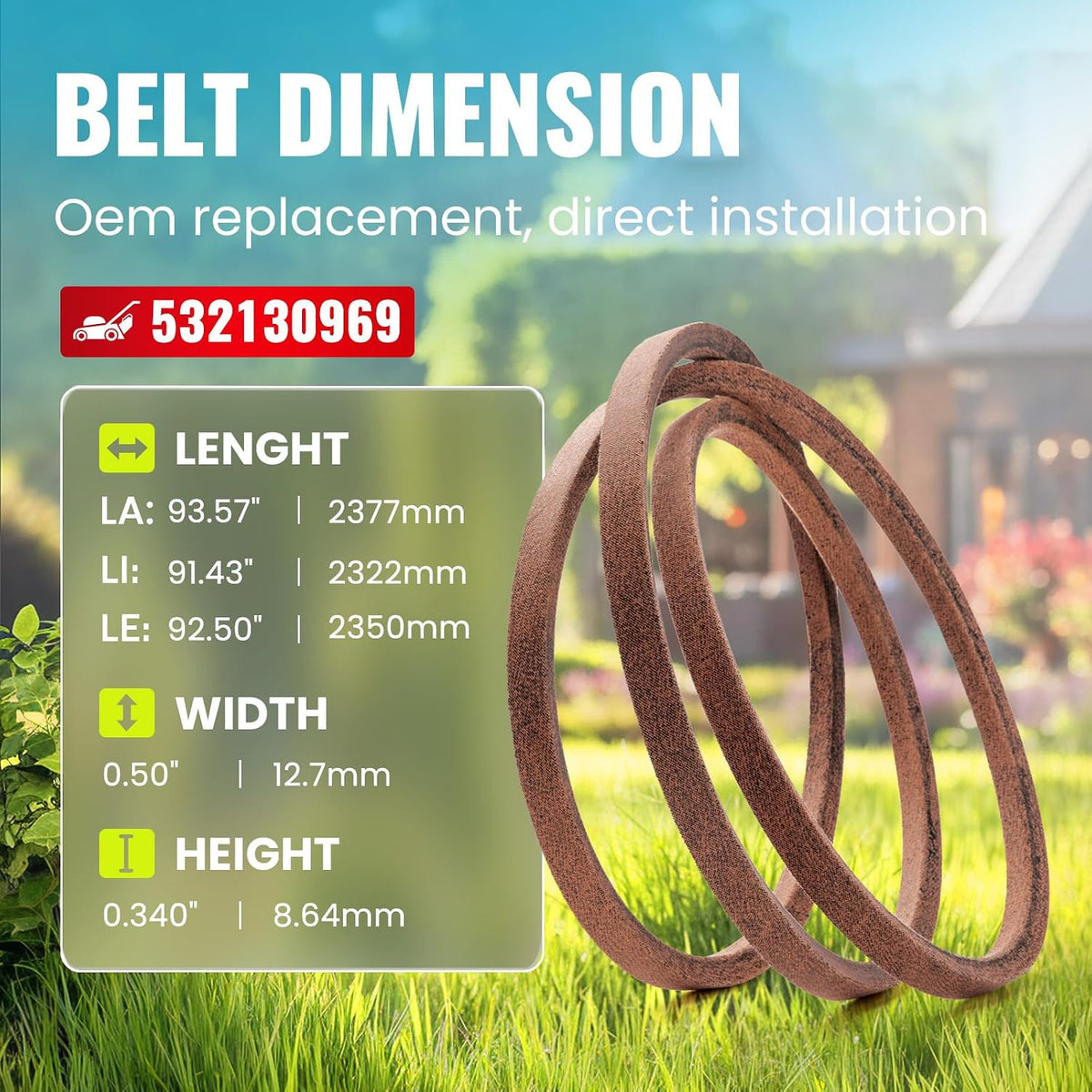 ROTIX 532130969 130969 Kevlar Drive Belt for Craftsman Poulan 592855201 584444701 21546080 Husqvarna YTH22V46 YTH24V48 42 Inch Deck Riding Lawn Mower, 1/2" x 92.5"