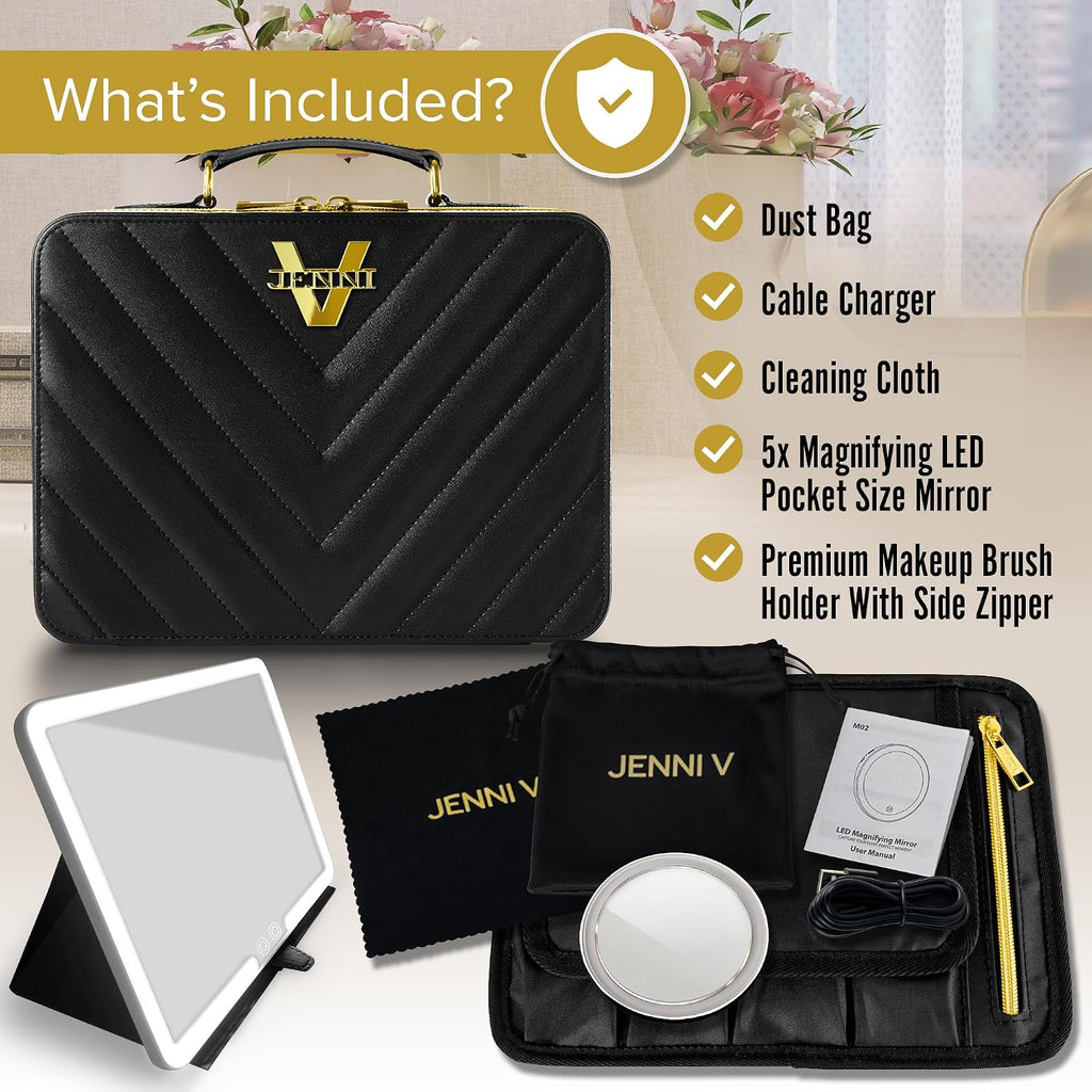 Upscale PU Leather Makeup Bag with Light Up Mirror, 3 Brightness Settings, Adjustable Dividers - Replace Your Bulky