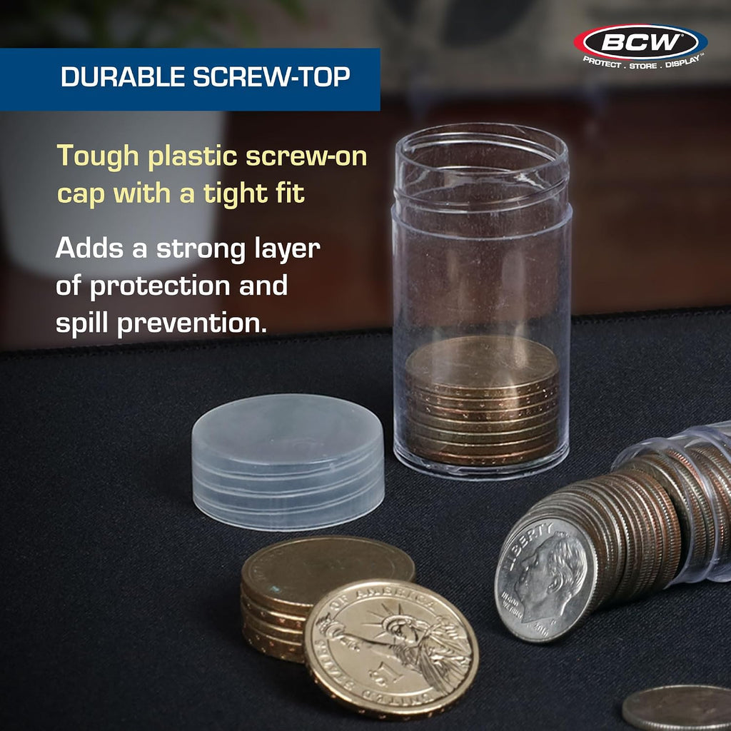 Coin Storage Tubes, Clear Plastic W/Screw on Tops for Pennies (Qty = 10 Tubes) by BCW