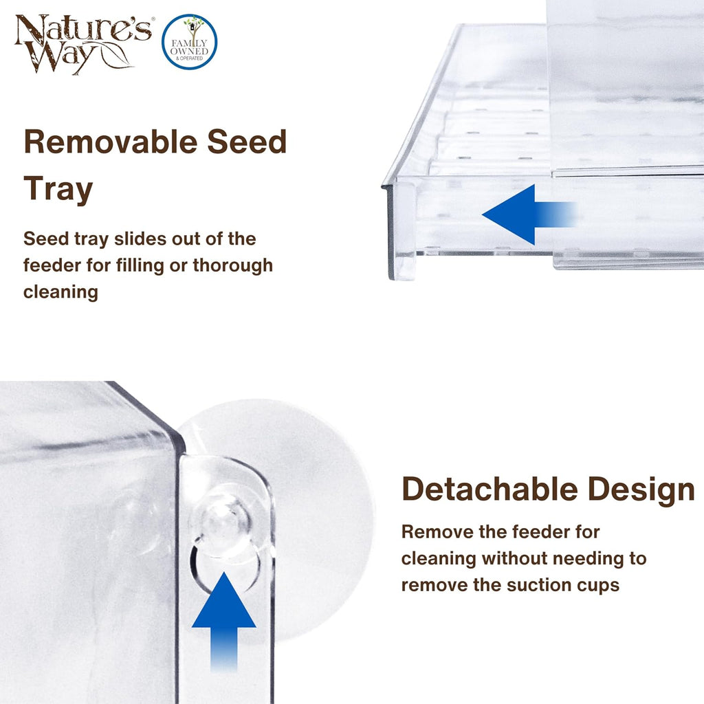Nature’s Way Crystal Window Seed Feeder with 4 Secure Suction Cup Mount, Clear 2-Cup Capacity Hanging Bird Feeder for