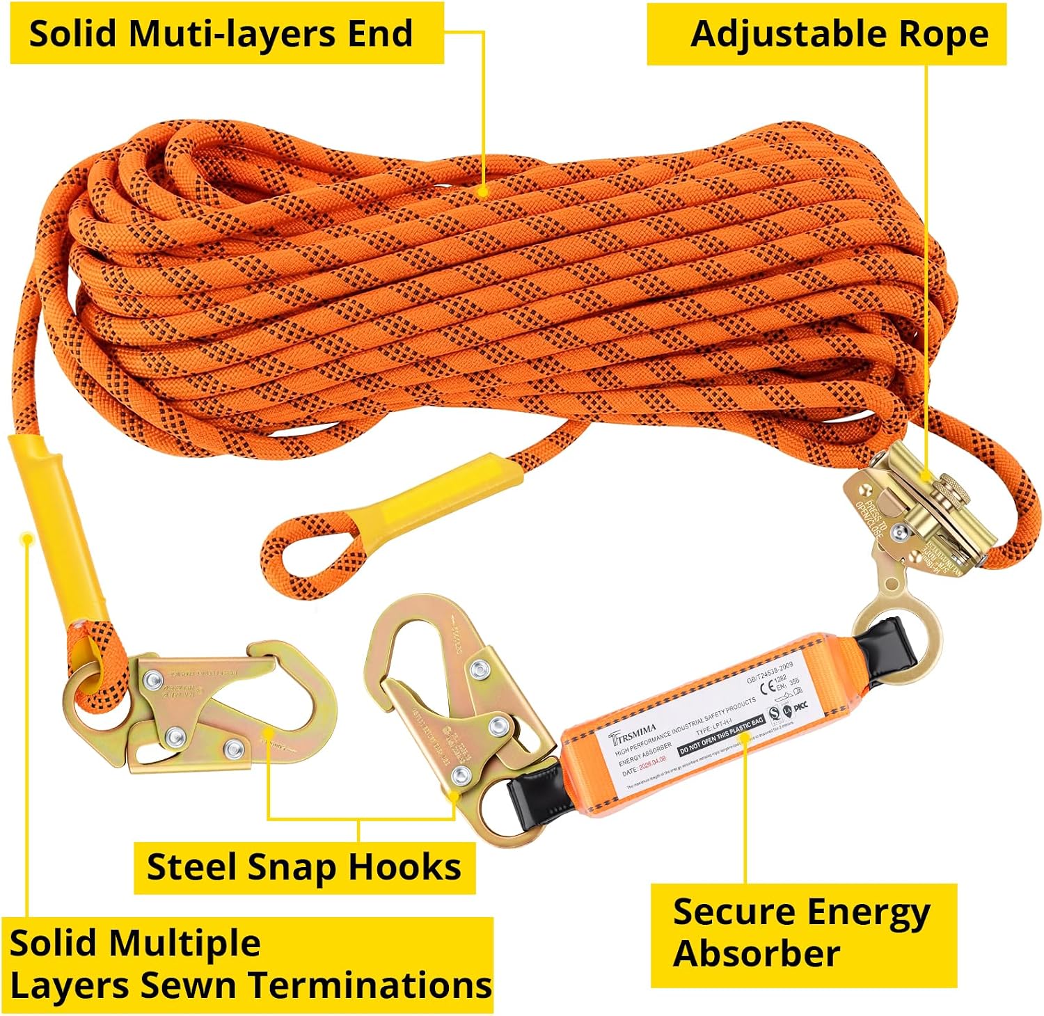 TRSMIMA Roofing Fall Protection Rope - 100ft Safety Rope for Roofing | Fall Protection Rope Heavy Duty Harness Safety