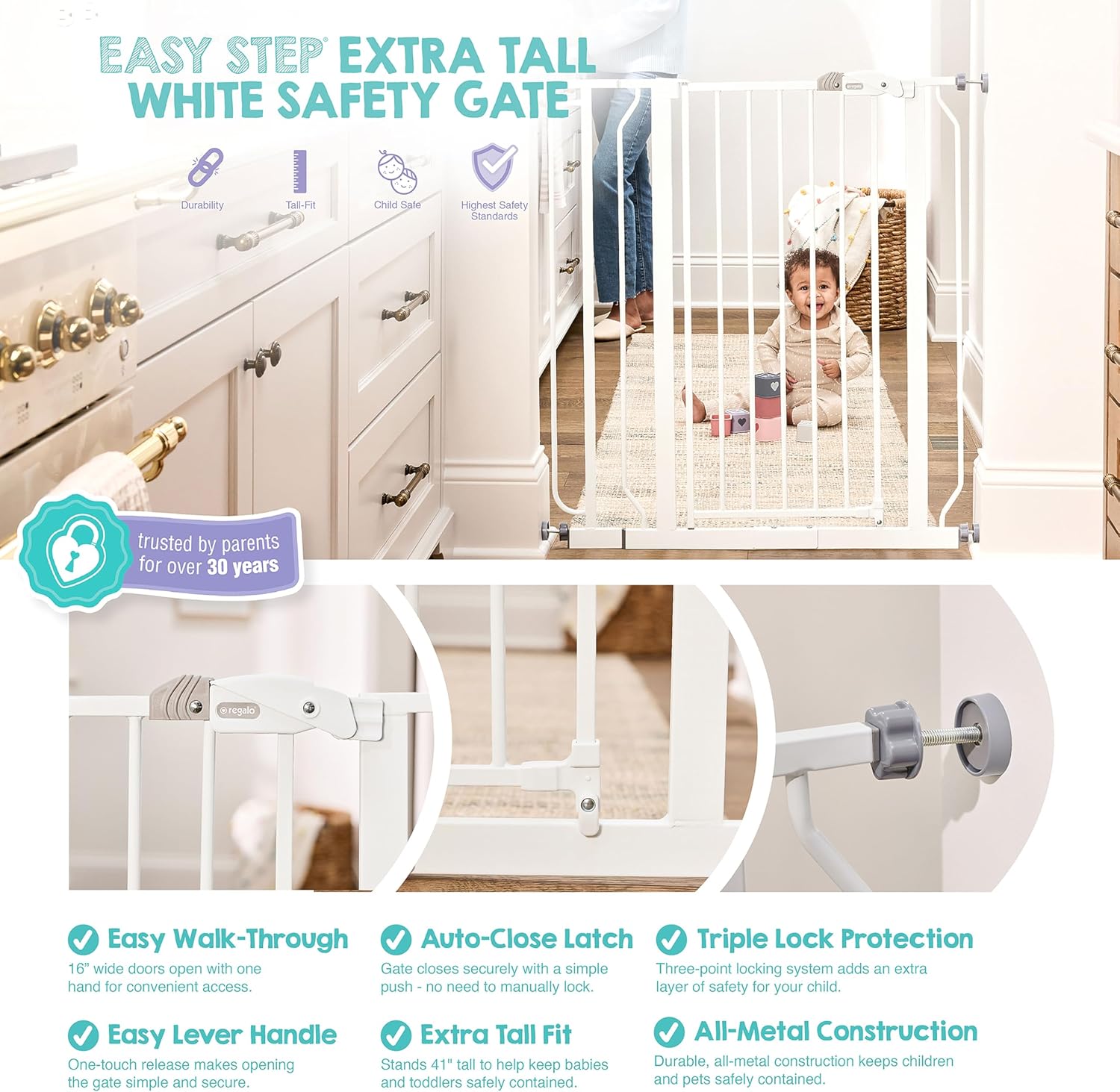 Safety 36" Extra Tall Baby Gate for Doorways & Bottom of Stairs, Pressure Mounted Walk Through Gate for Babies