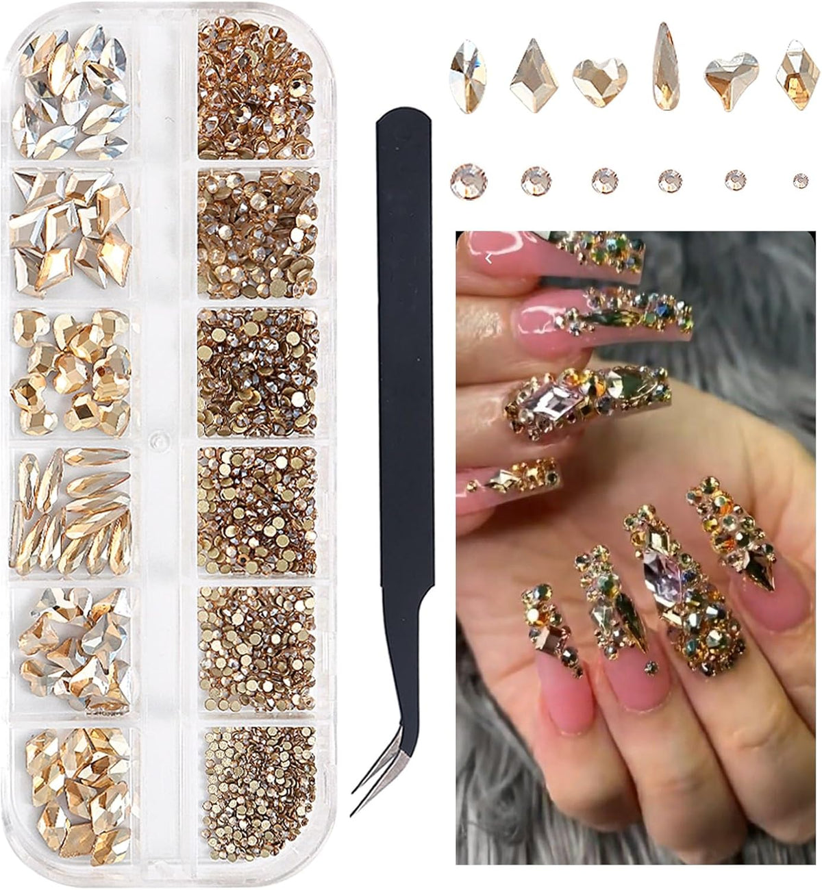 12-Shape Champagne Gold Rhinestone Kit for Nail Art