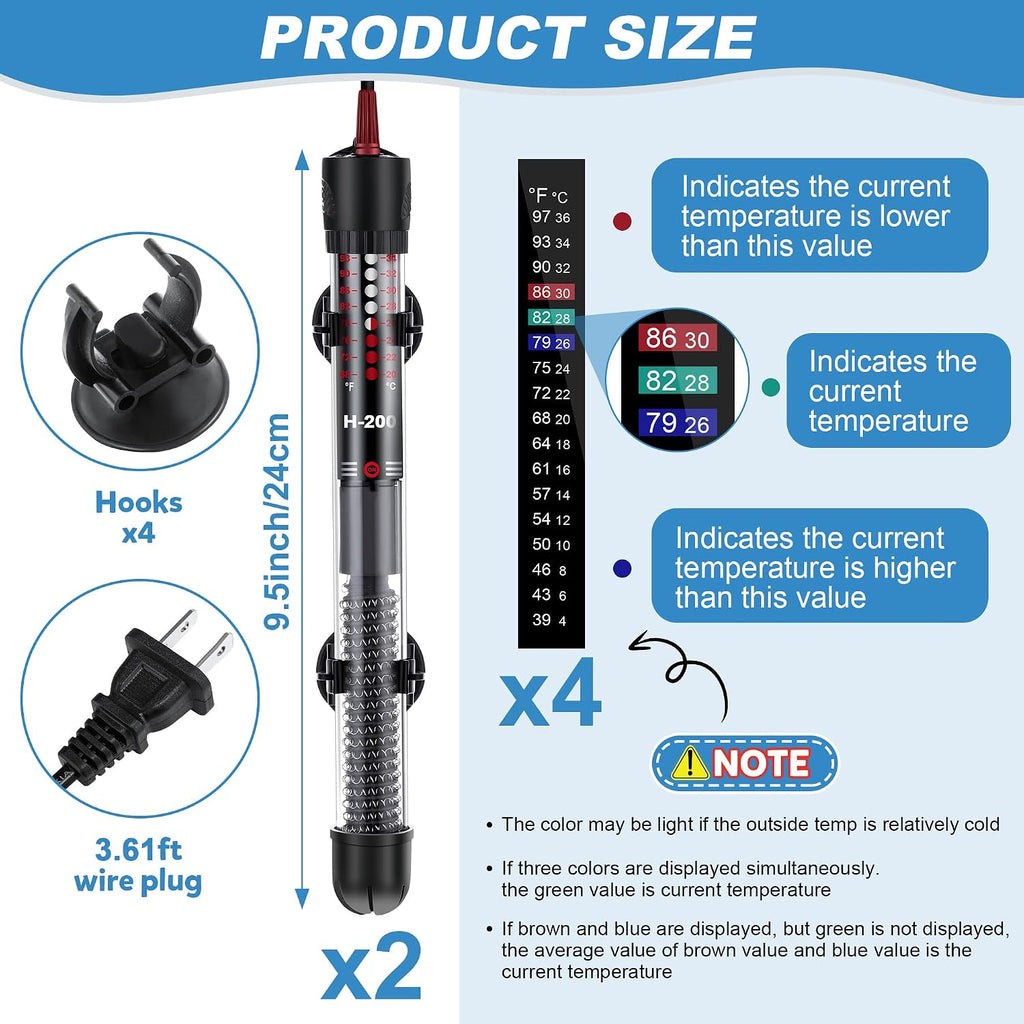 2 Set 100W Submersible Aquarium Heater with 4 Thermometer Stickers | Adjustable Aquarium Fish Tank Heater with