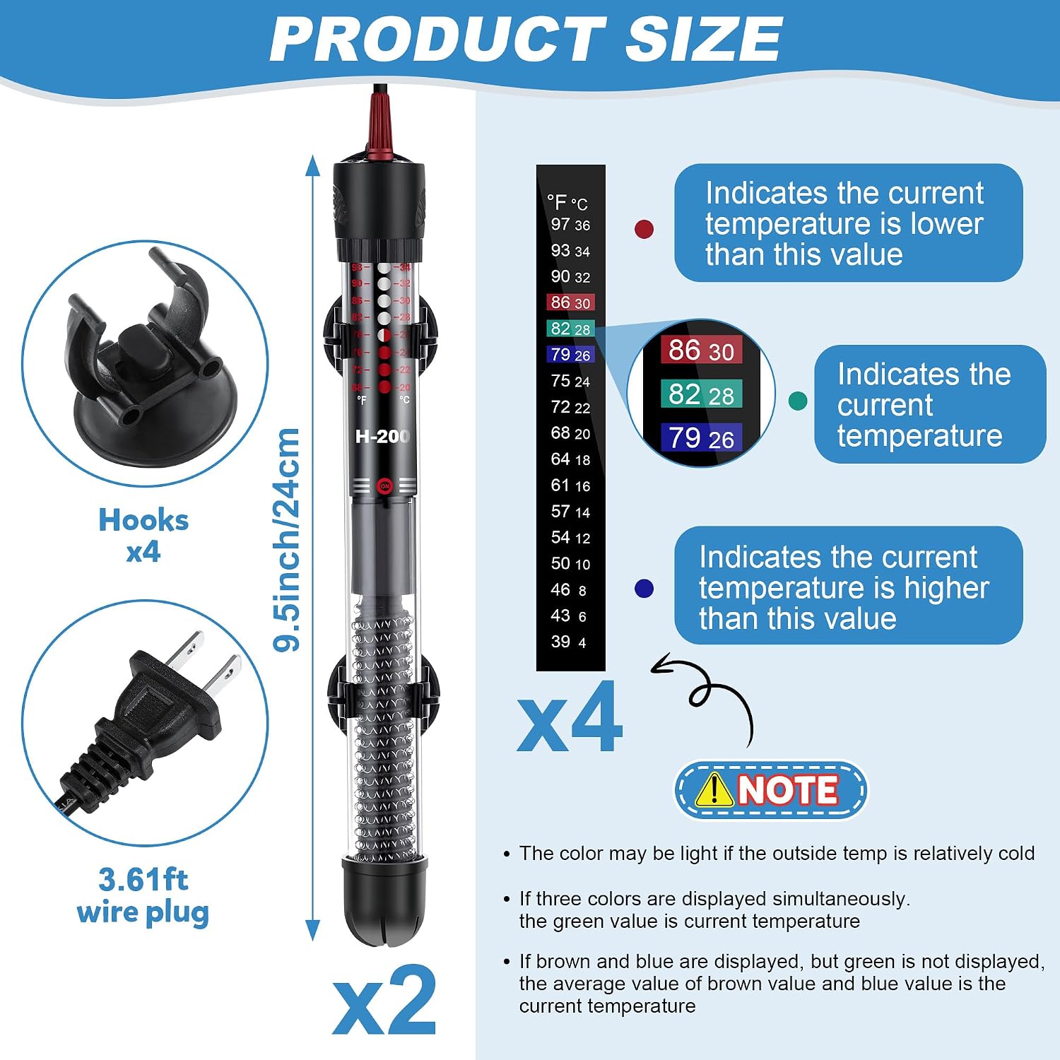 2 Set 100W Submersible Aquarium Heater with 4 Thermometer Stickers | Adjustable Aquarium Fish Tank Heater with