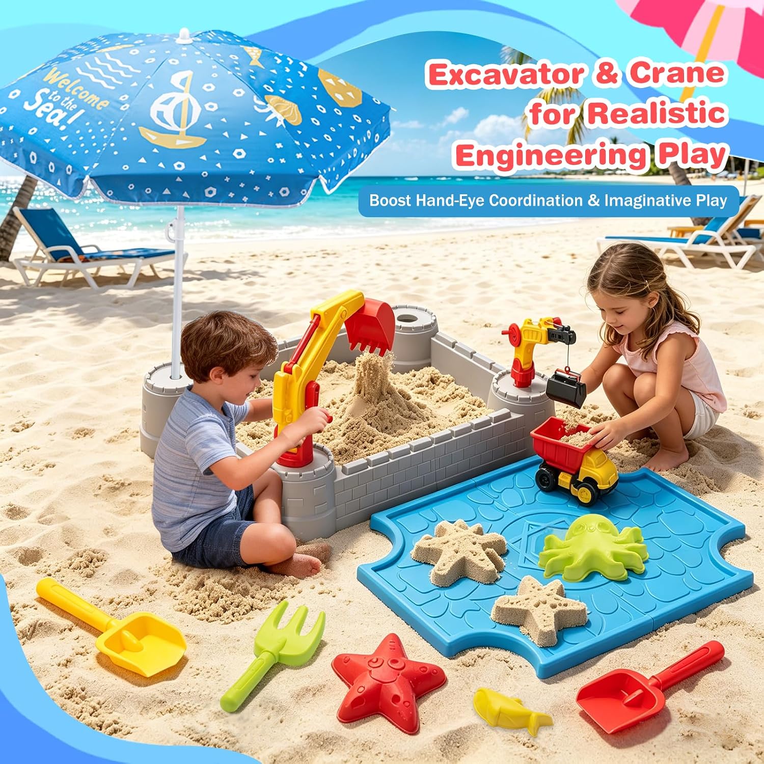Kids Excavator Sandbox with Umbrella & Cover, Construction Sandbox Set with Beach Toys & Dump Truck, Outdoor