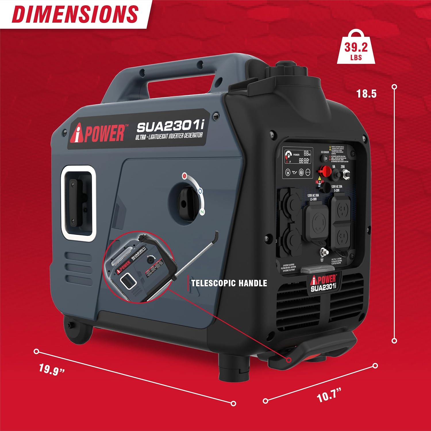 Portable Inverter Generator, 2300W RV Ready, EPA & CARB Compliant CO Sensor, Portable Ultra-Light Weight For Backup