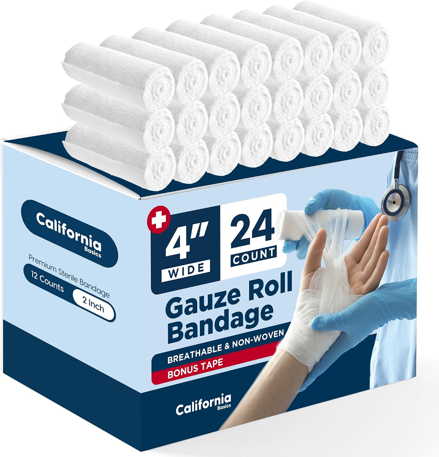 24-Pack Gauze Bandage Roll with Tape, 4 Inches x 4 Yards - Soft, Stretchable & Breathable Wrap for Wound Care, First