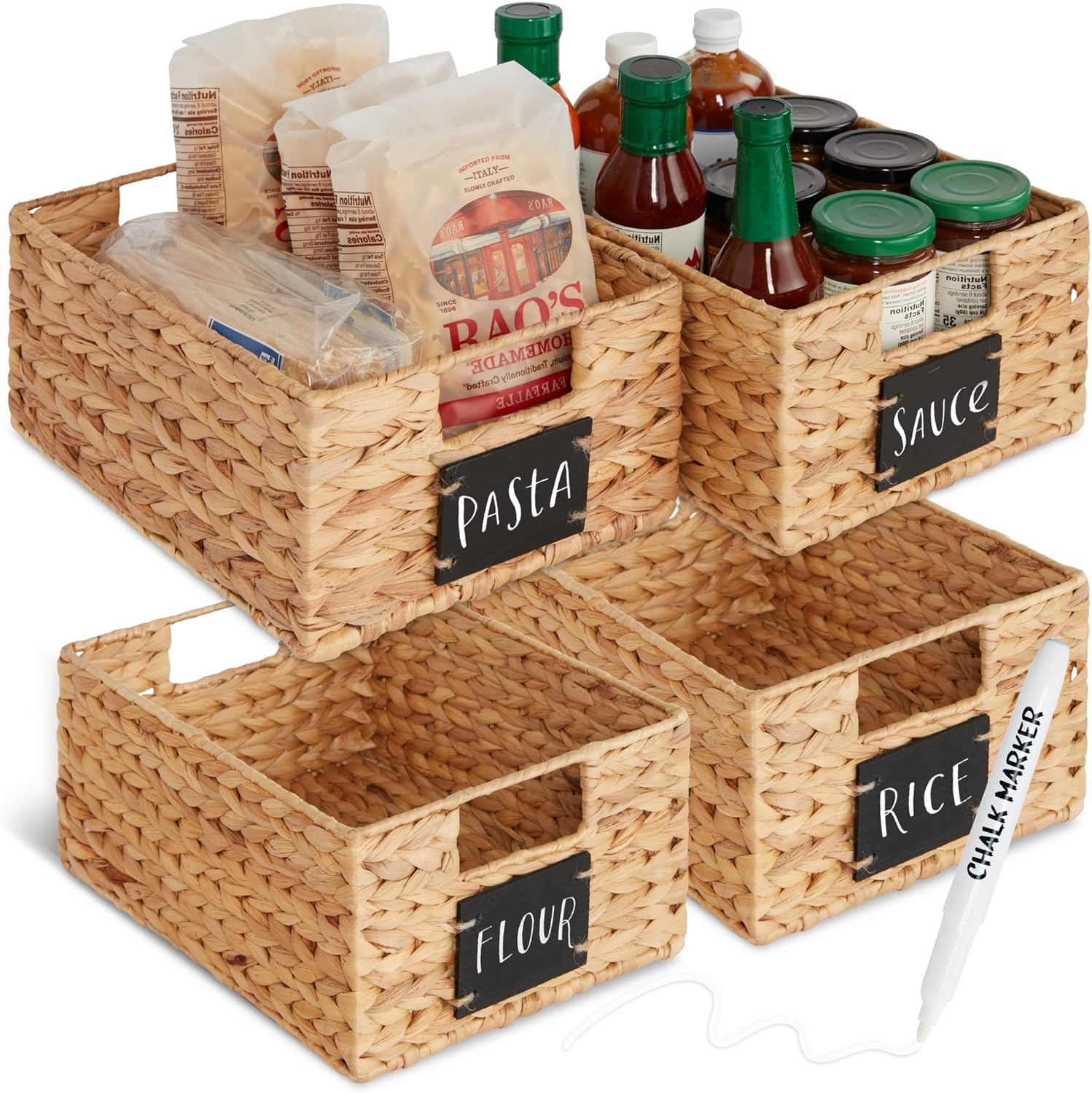 Set of 4 9x12in Water Hyacinth Pantry Baskets, Woven Organizers w/Chalkboard Label, Chalk Marker - Natural