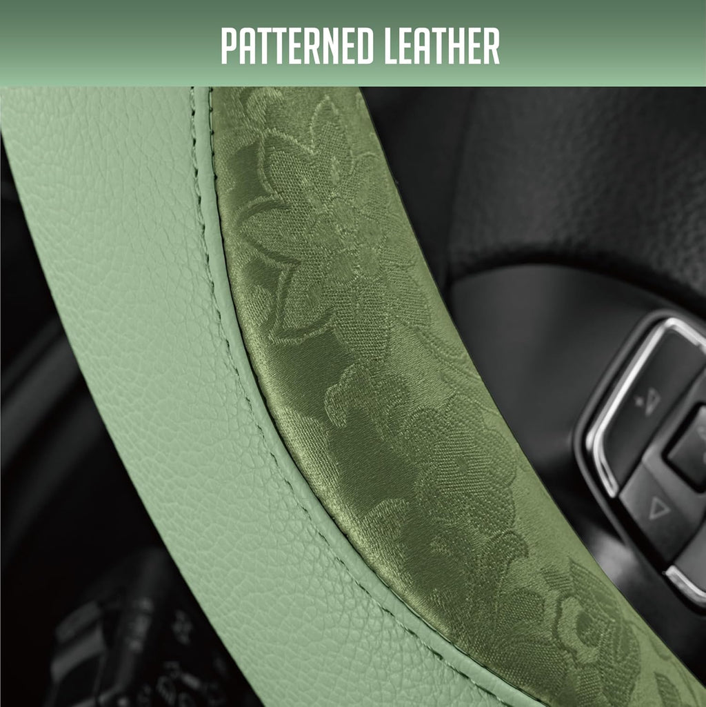 Steering Wheel Cover, Green Patterned Leather Patchwork Design, Universal Fit 14.5"–15.5", Anti-Slip, Odor-Free, Soft