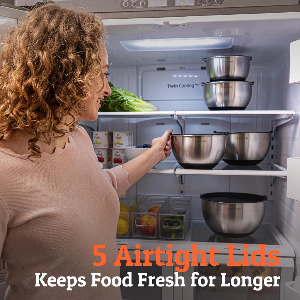 Premium Mixing Bowls With Lids Set, Airtight Lids, Thicker Stainless Steel, Non-Slip Base, 5 Nesting Steel Bowls for