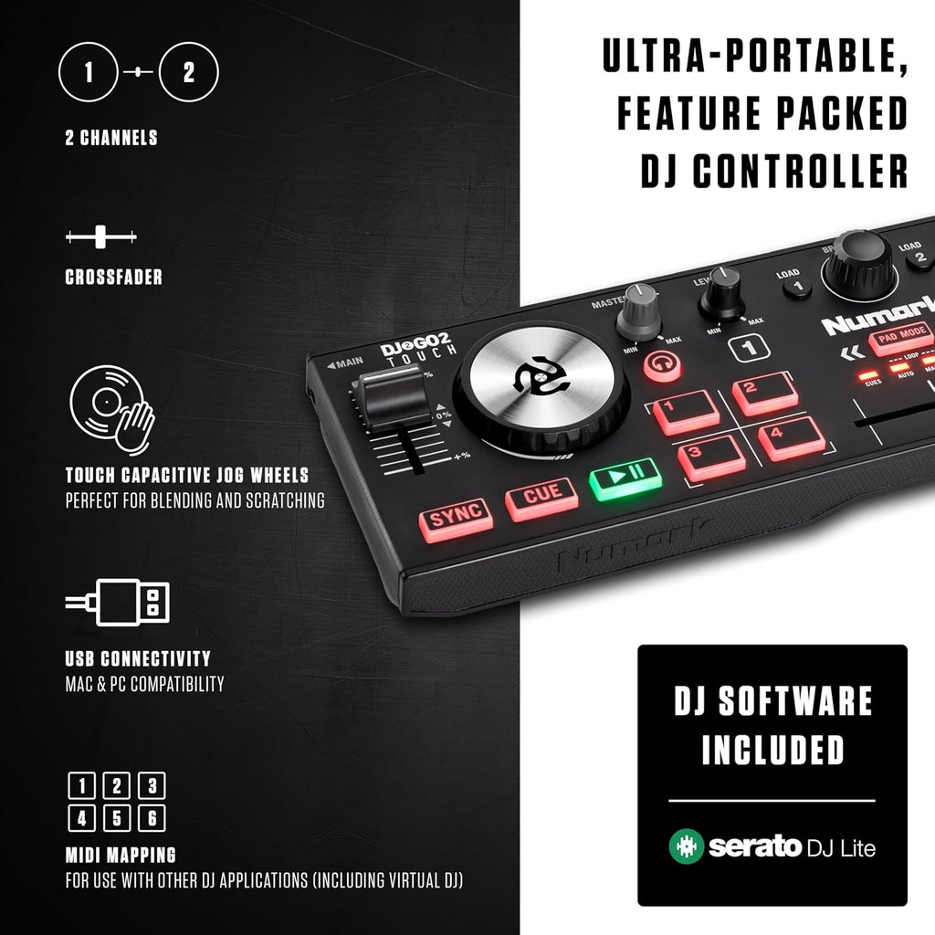 DJ2GO2 Touch Compact DJ Controller | Portable, 2-Deck, DJ Mixer, Touch-Capacitive Wheels, Integrated Audio Interface
