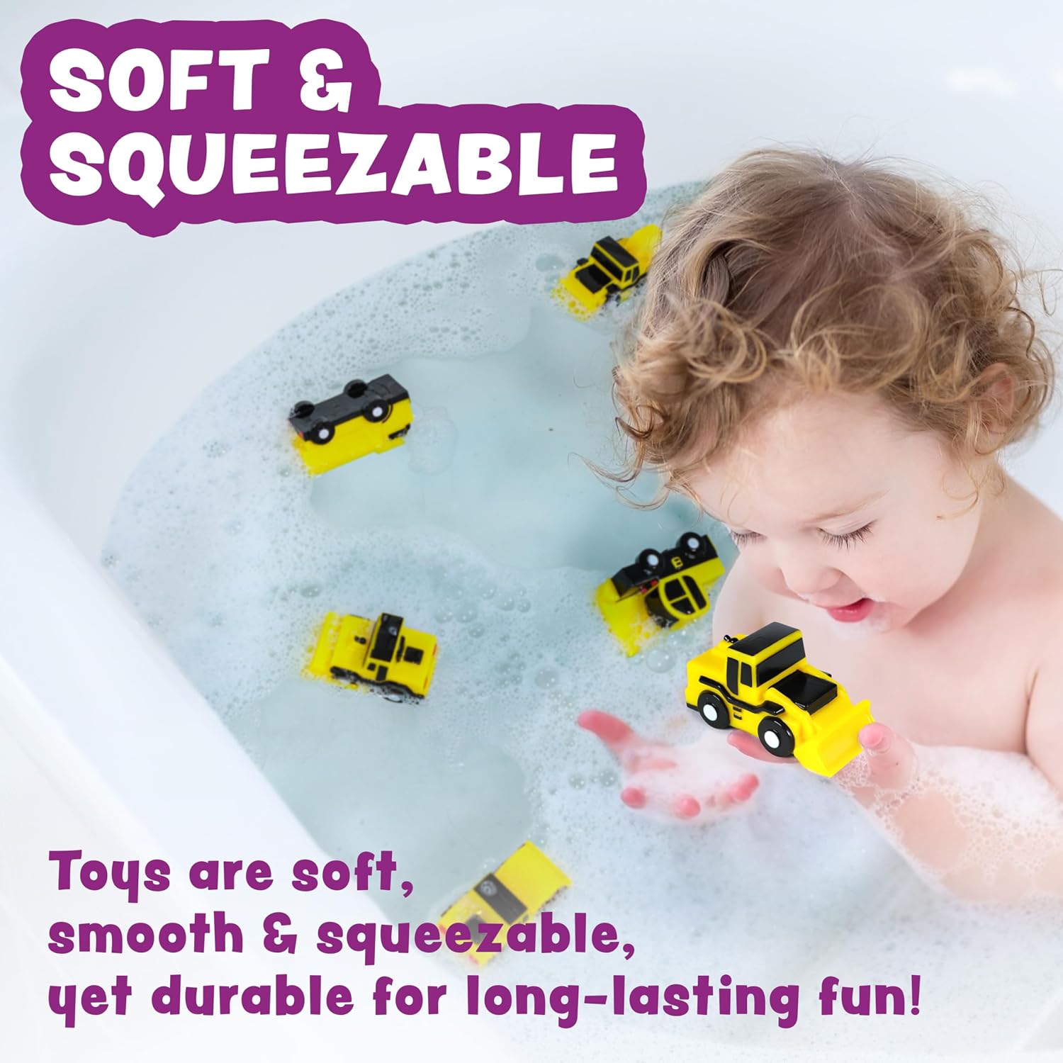 Construction Trucks Mold Free Bath Toys, 6 Pack | Sealed, No Hole Bath Toys Design Keeps Moisture Out | Soft