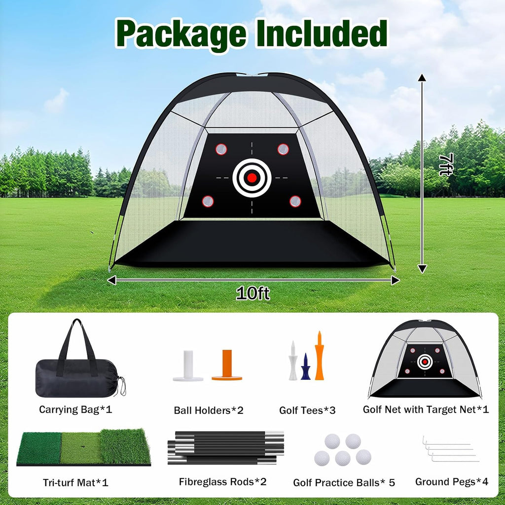 Golf Net, 10 x 7 ft Golf Practice Net with Tri-Turf Mat