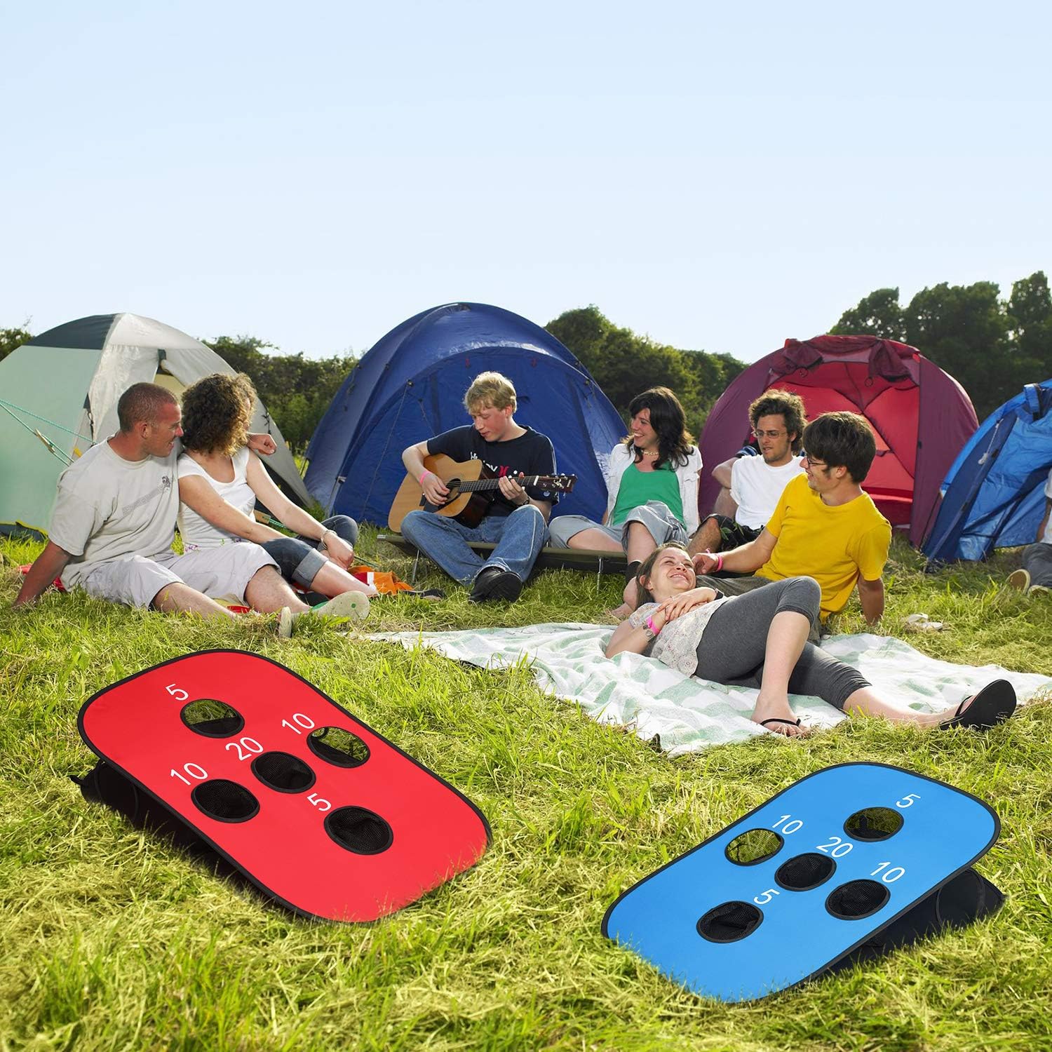 Portable Collapsible 5 Holes Cornhole Game Set Beach Games Adults | Cornhole Board Set with 8 Bean Bags, Carrying
