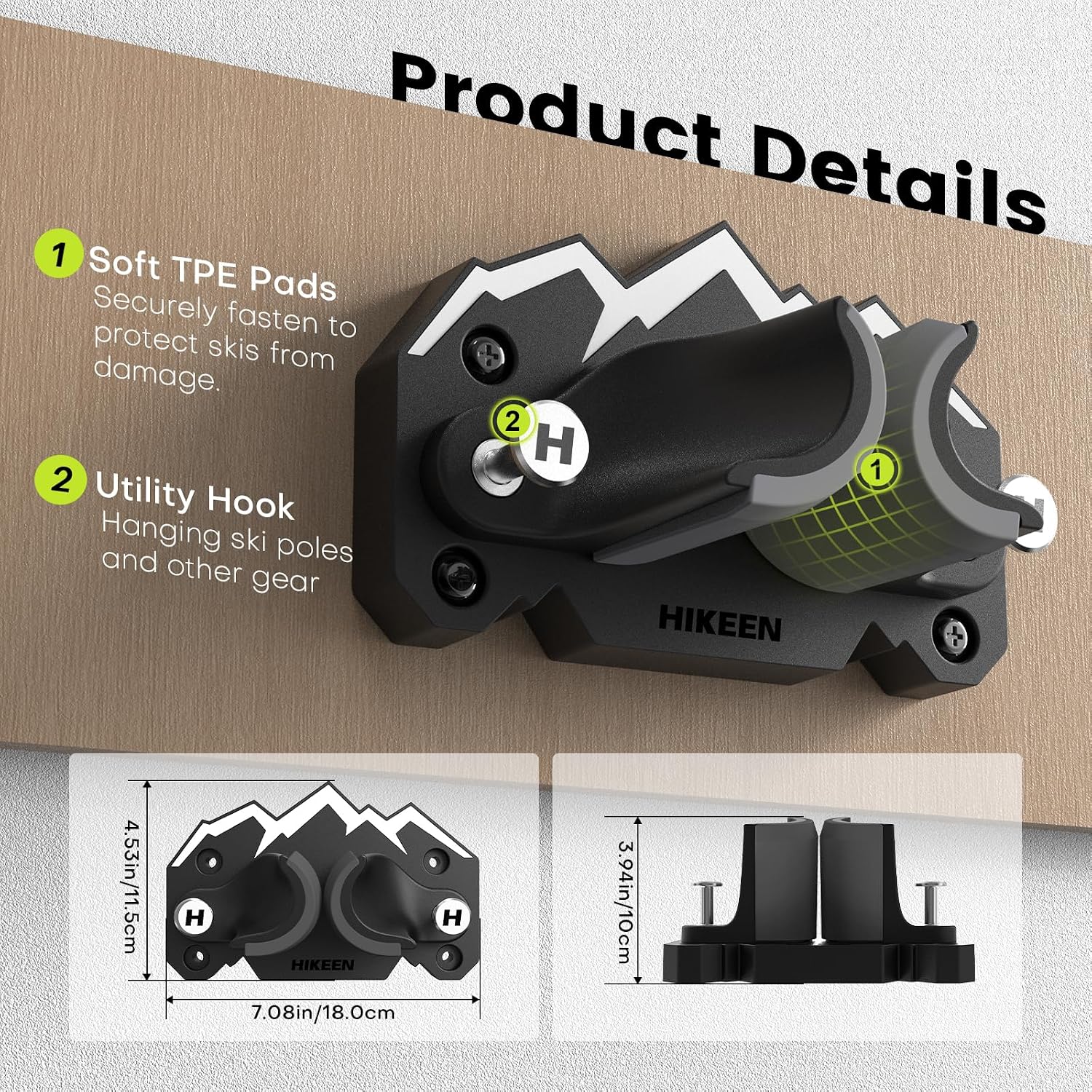 Ski & Snowboard Wall Mount,Fits Any Ski or Snowboard, Ski Wall Rack Non-Slip Storage for Garage
