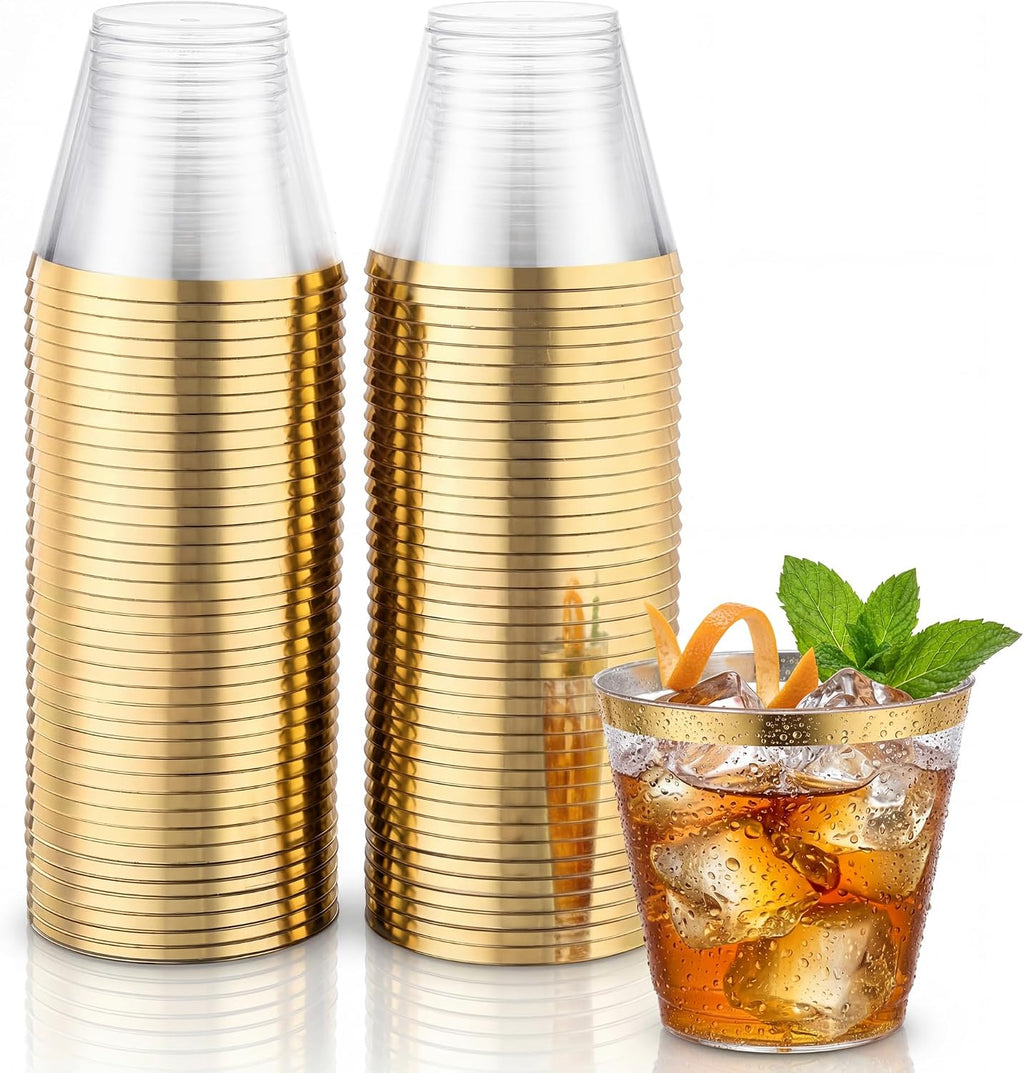 100Pcs 9OZ Clear Plastic Cups with Gold Trim