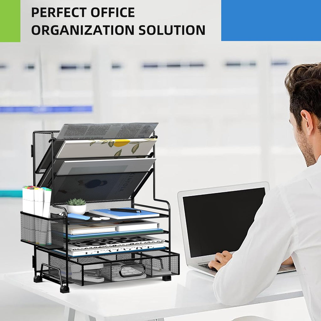 4-Tier Paper Organizer + 3-Pocket File Holder + Drawer + Pen Holders, Desktop File Organizers Paper Tray for Office