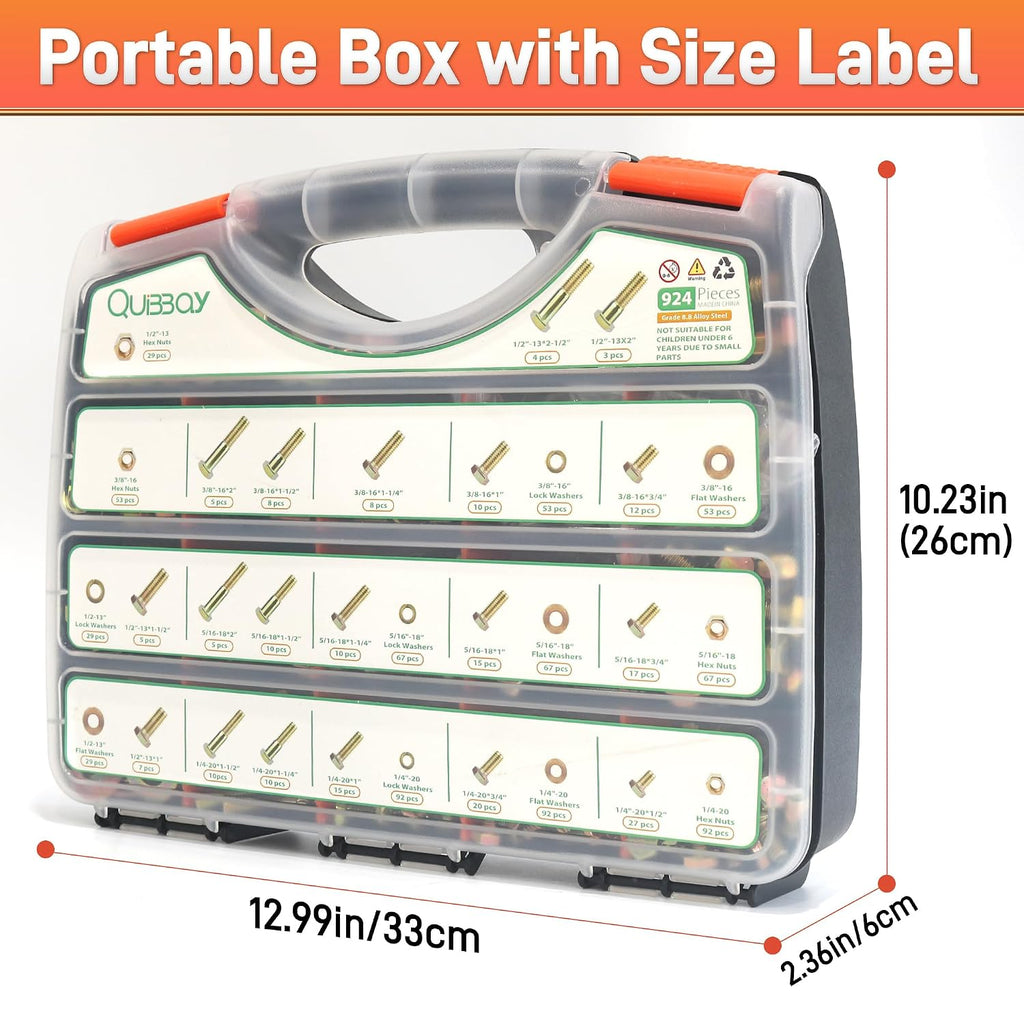 924Pcs Grade 8 Bolts and Nuts Assortment Kit, 1/4-20, 5/16-18, 3/8-16, 1/2-13 Heavy Duty Hex SAE Assorted Bolts Nuts