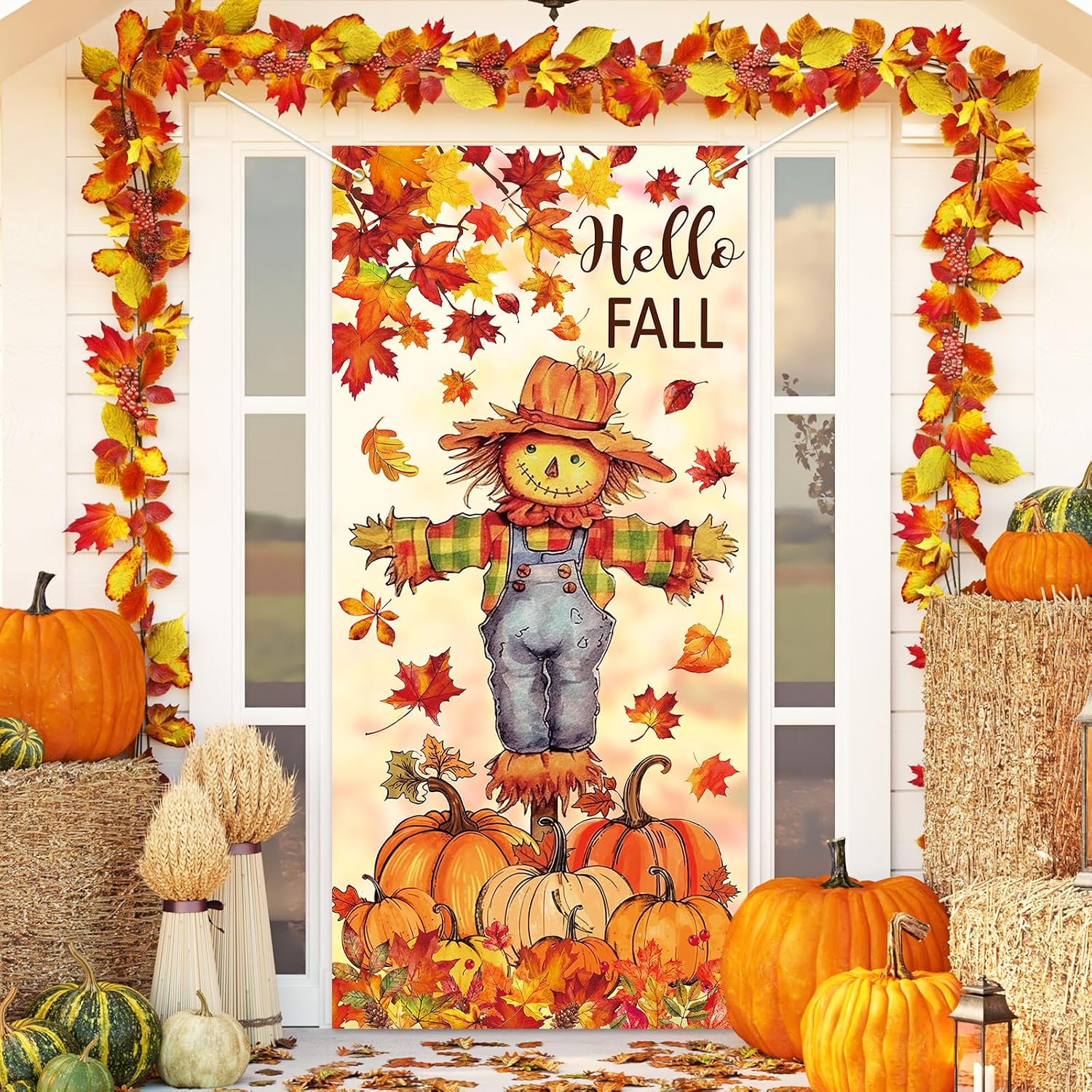 Fall Door Banner Cover Scarecrow Pumpkin Leaves Hanging Banner Autumn Harvest Fabric Photo Background for