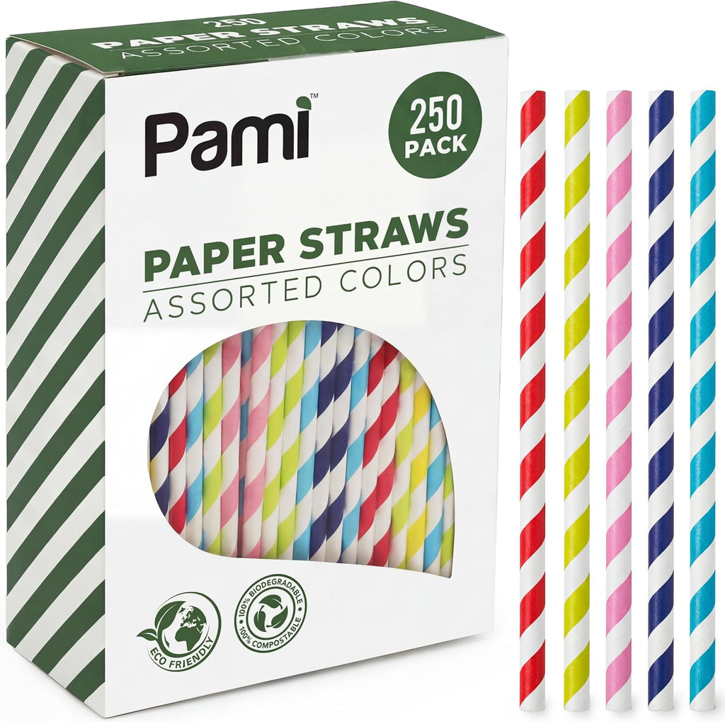 Compostable Paper Straws,Assorted Colors,Biodegradable,Sturdy,250-Pack