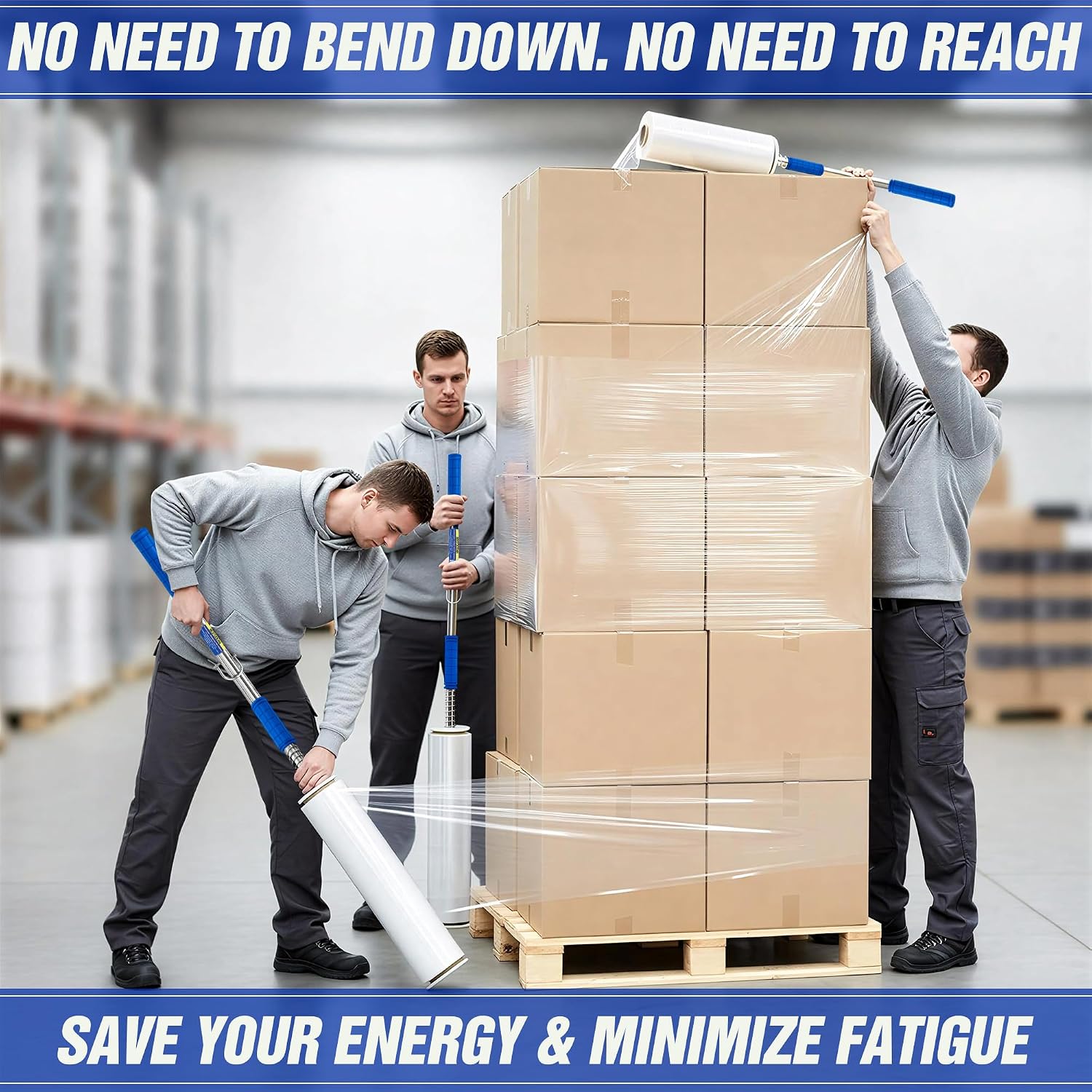 Long Handle Pallet Stretch Wrap Dispenser, Stretch Wrap Dispenser for Film Width 12-20 inch, Rolls 1.5" to 3"