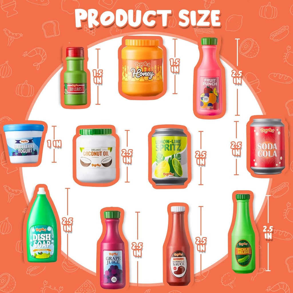 30Pcs Play Food Grocery Cans, Play Kitchen Accessories, Includes Drink, Juice, Jar, Seasoning, Water Bottle, Sauce
