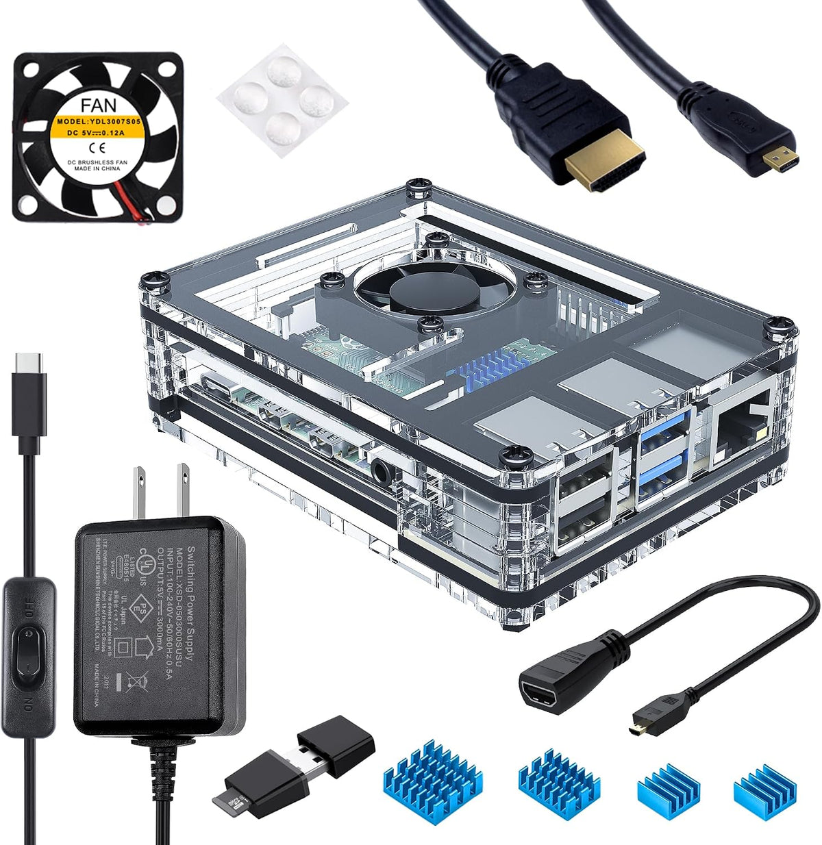 Miuzei Case for Raspberry Pi 4 with Fan, USB-C Power Supply 4 Pcs Heatsinks