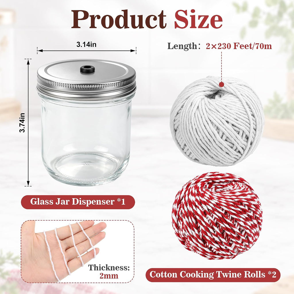 2 Roll 230FT Kitchen Twine for Cooking with Glass Jar Dispenser, Red&White